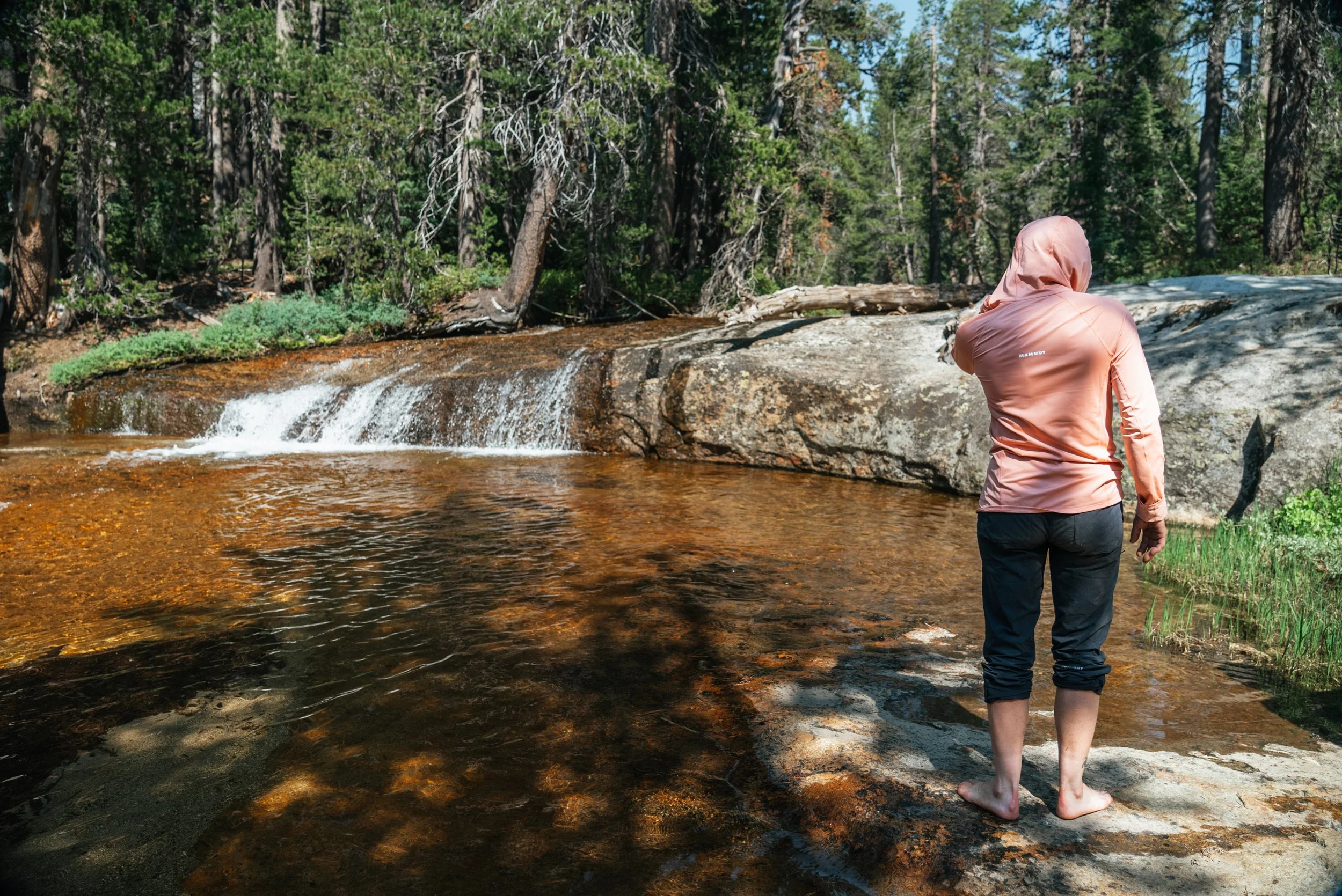 A person standing on a rocky riverbank in a forested area, facing a small waterfall and flowing water surrounded by trees.