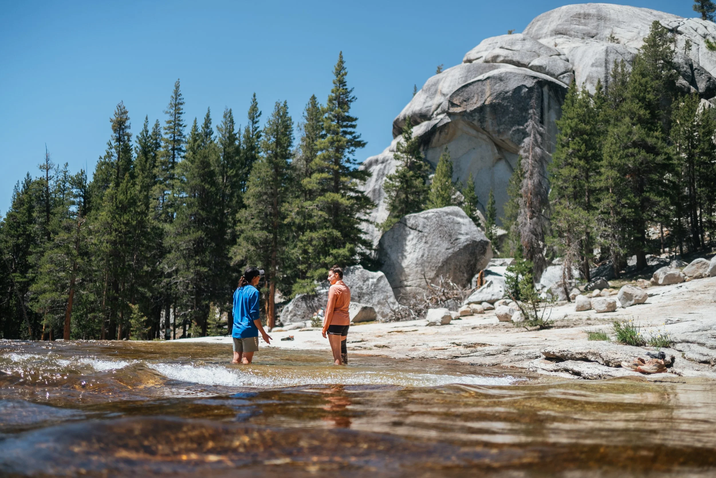 Two people in outdoor clothing standing in a shallow river, surrounded by tall pine trees and large granite rocks under a clear blue sky.