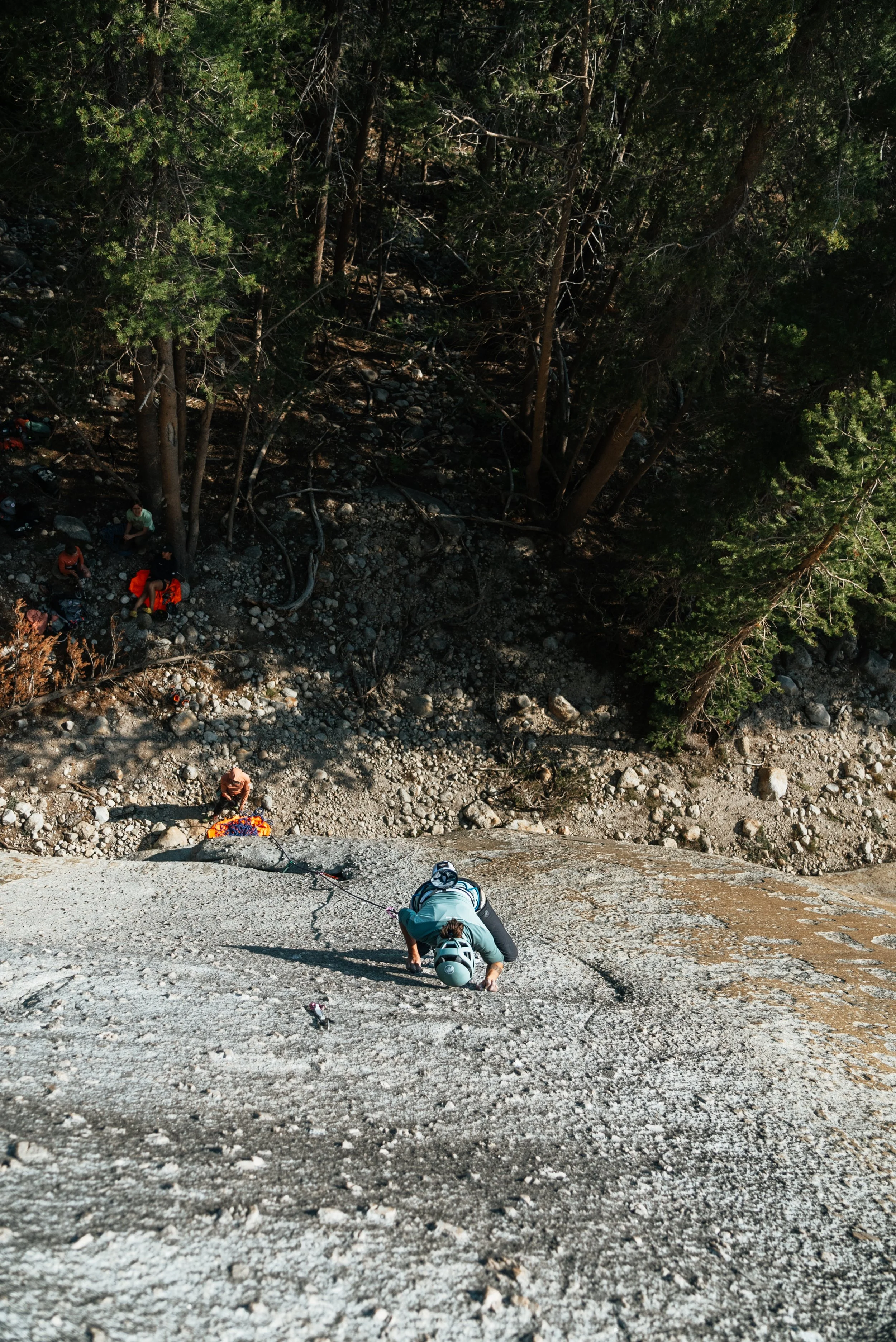 Person rock climbing on a steep granite wall with a forested area and climbers at the base.