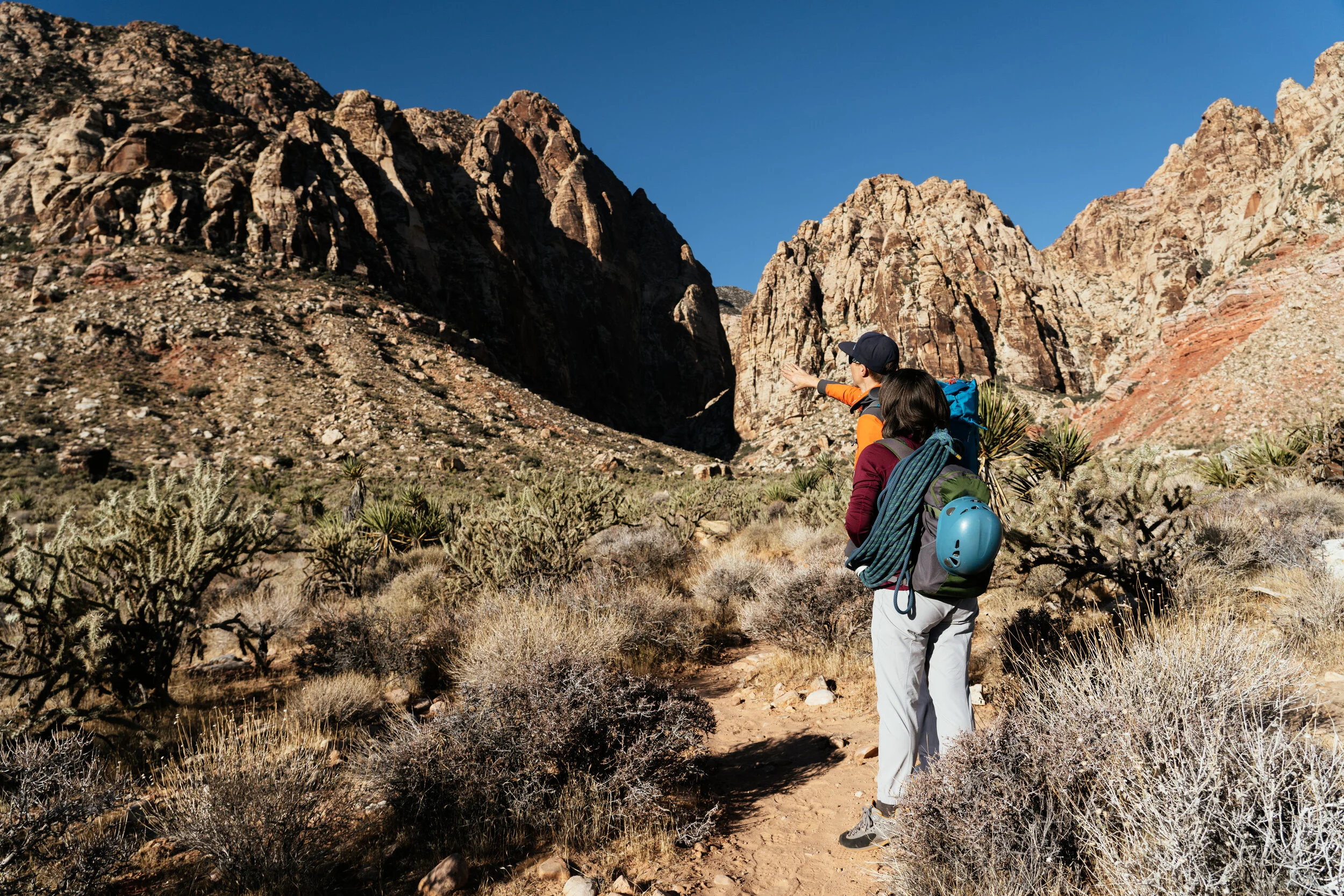 Two hikers in desert landscape with mountains in the background, one person pointing towards the distance.