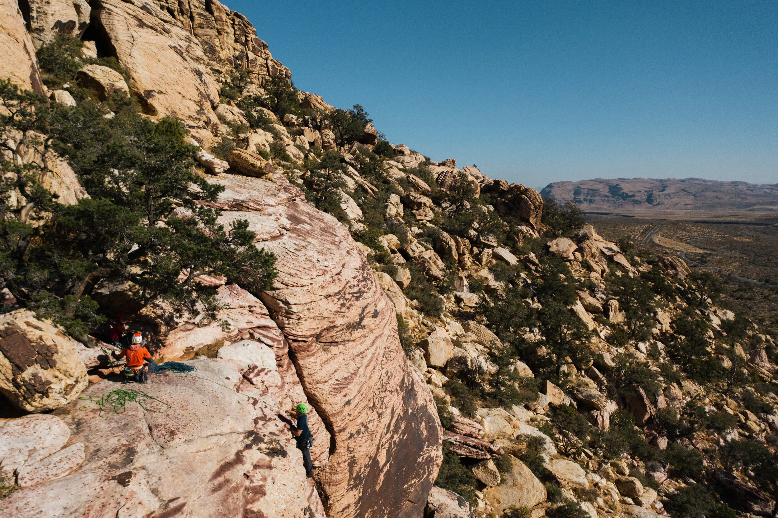 A group of rock climbers wearing helmets on a rugged mountain slope with trees, overlooking a valley and distant mountain range.