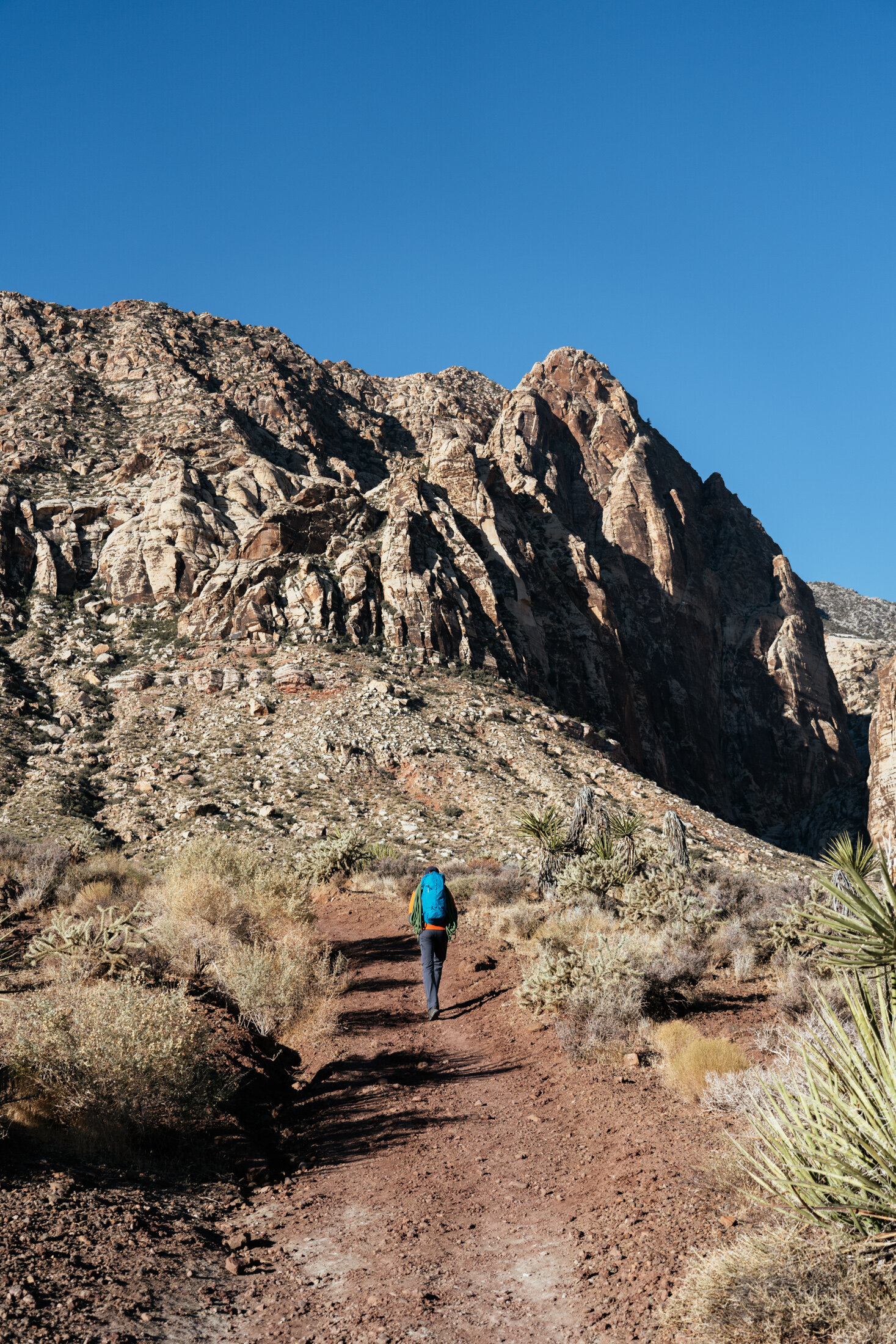 A person with a blue backpack hiking on a dirt trail in a desert landscape with large rocky mountains and sparse vegetation under a clear blue sky.