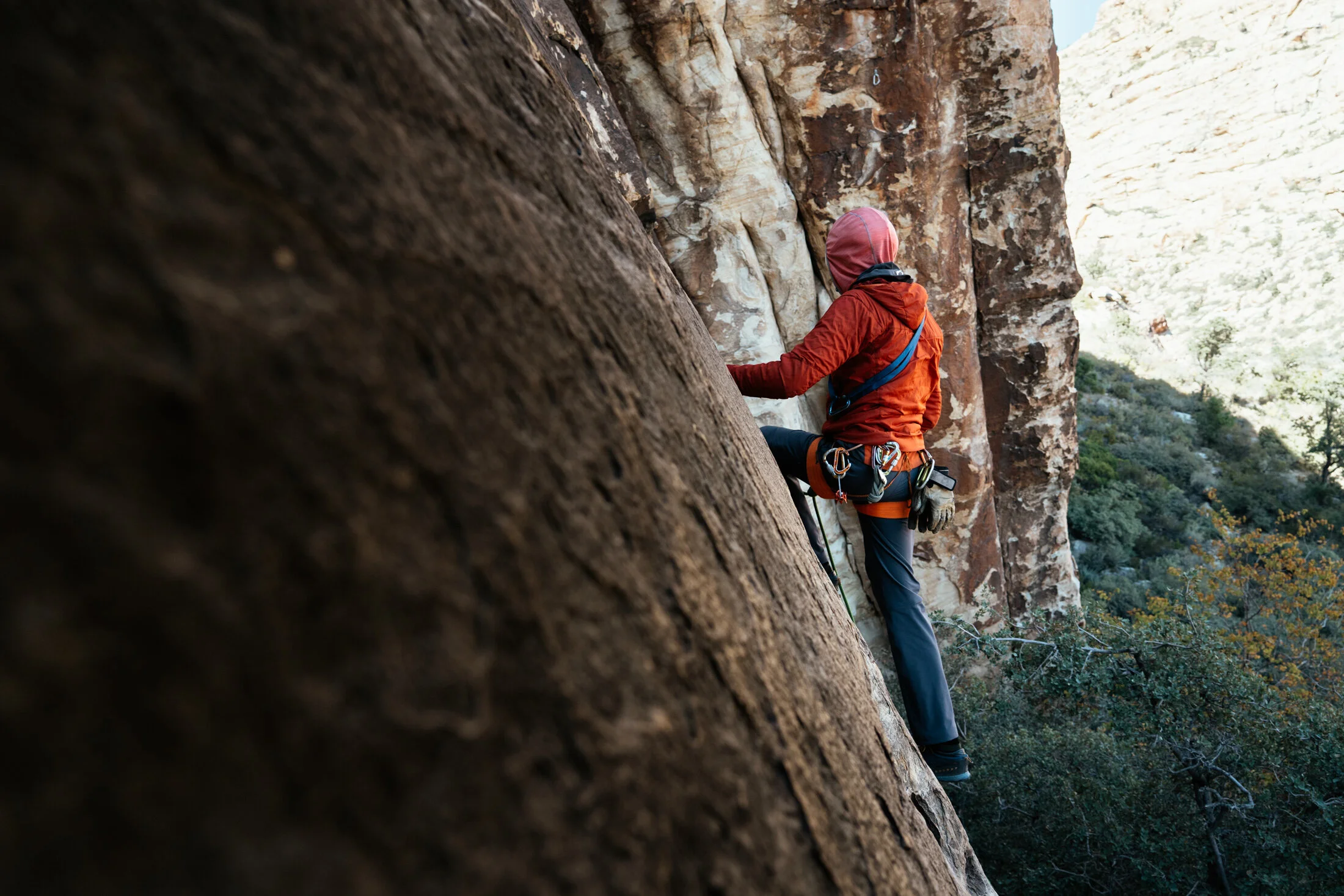 A climber wearing an orange jacket, climbing gear, and a helmet, ascending a steep rock face in a mountainous area with trees and hills in the background.