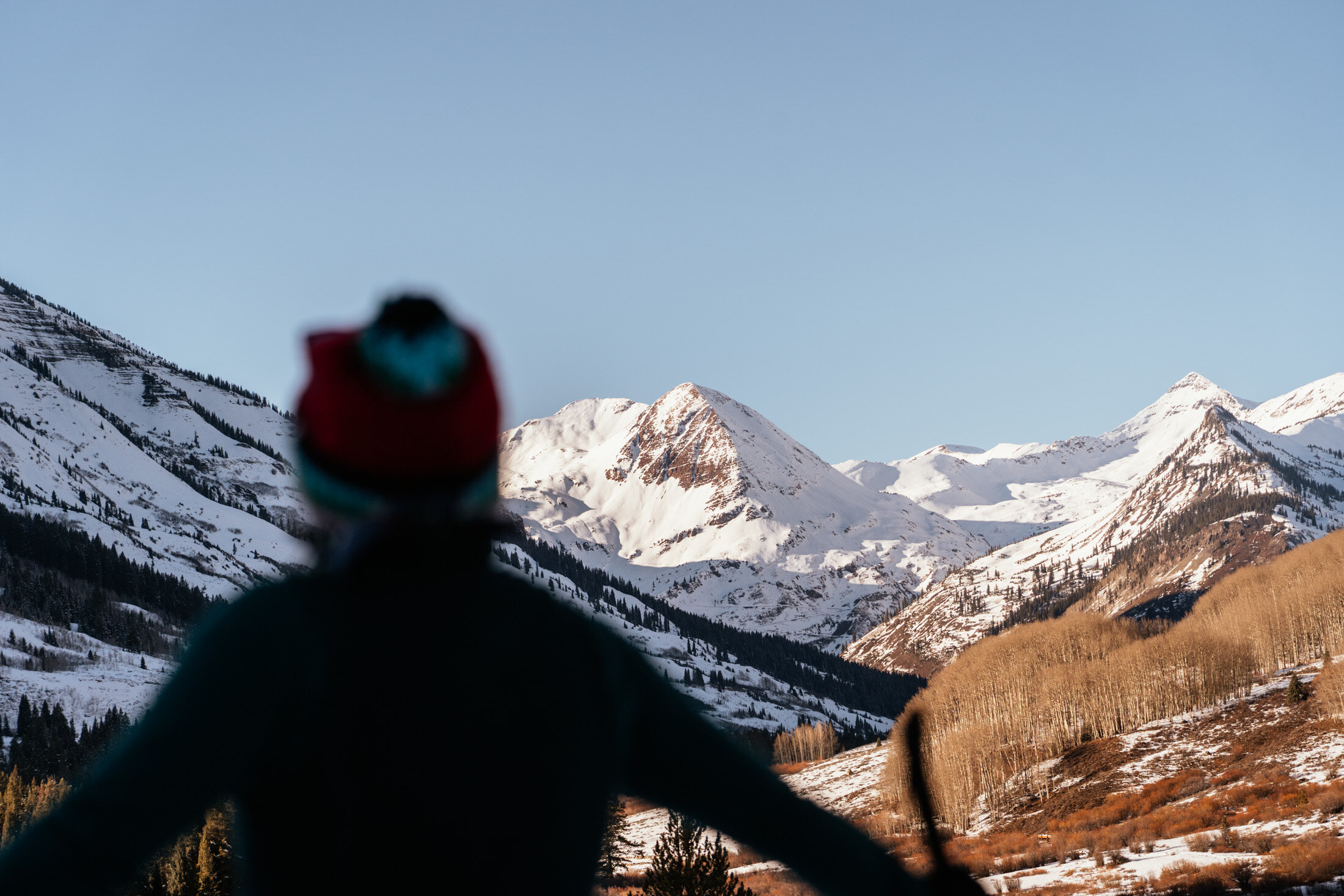 A person in winter gear riding a bicycle through a snow-covered mountain landscape with peaks and forests