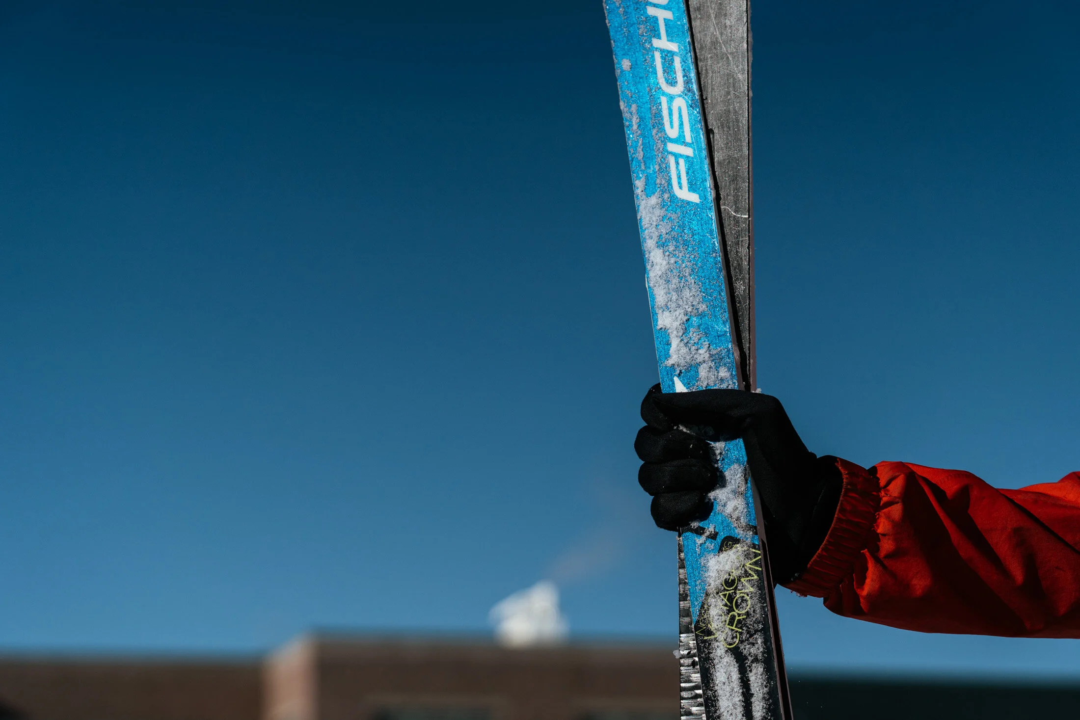 Person in red jacket holding a blue Fischer ski against a clear blue sky.