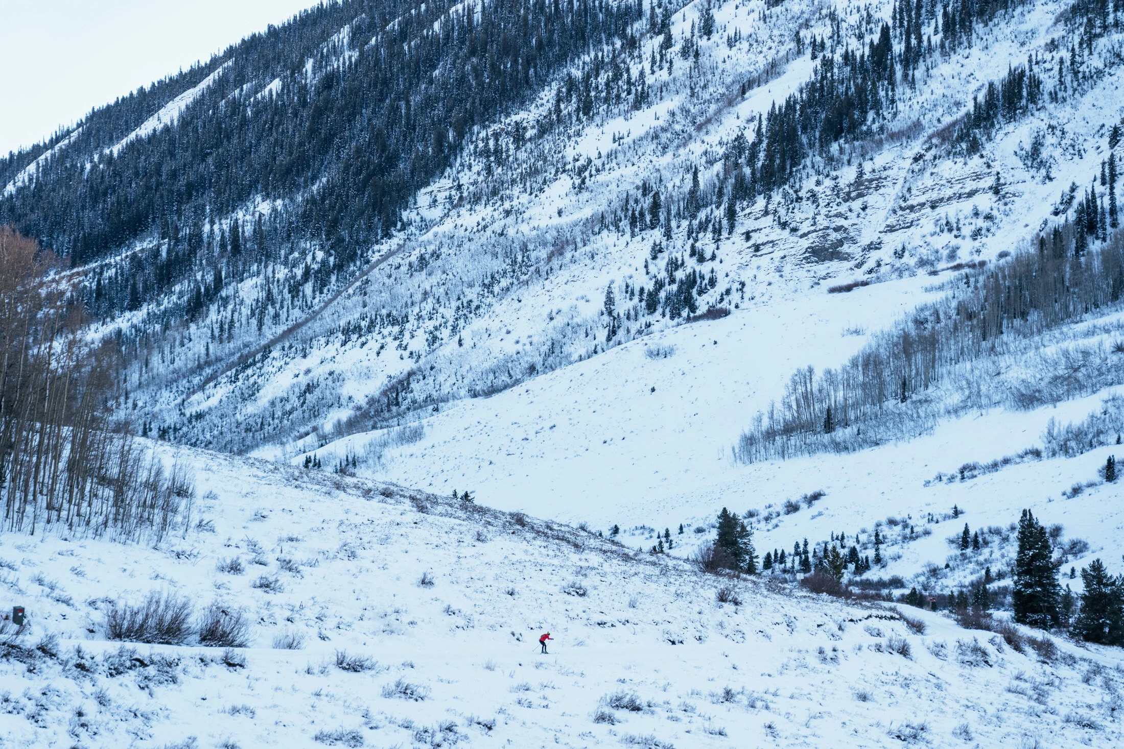 Snow-covered mountain landscape with a person in red clothing walking in the foreground.