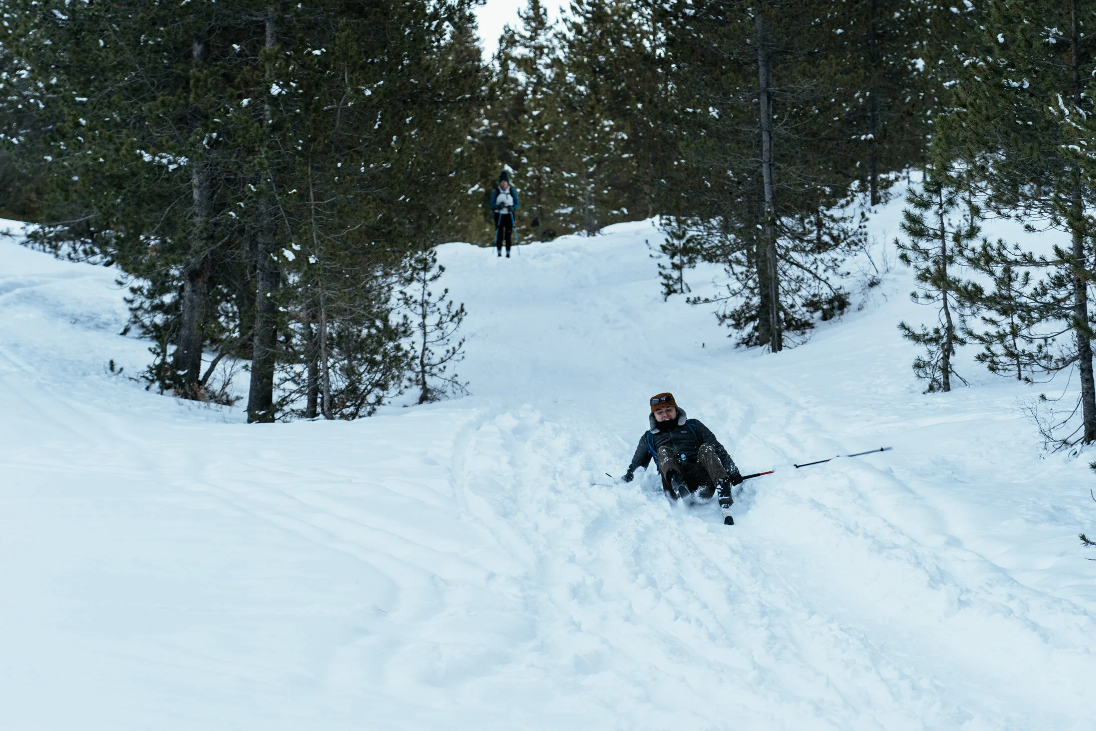 Person falling in snow while skiing on a snowy mountainside with trees in the background, another person stands further up the slope.