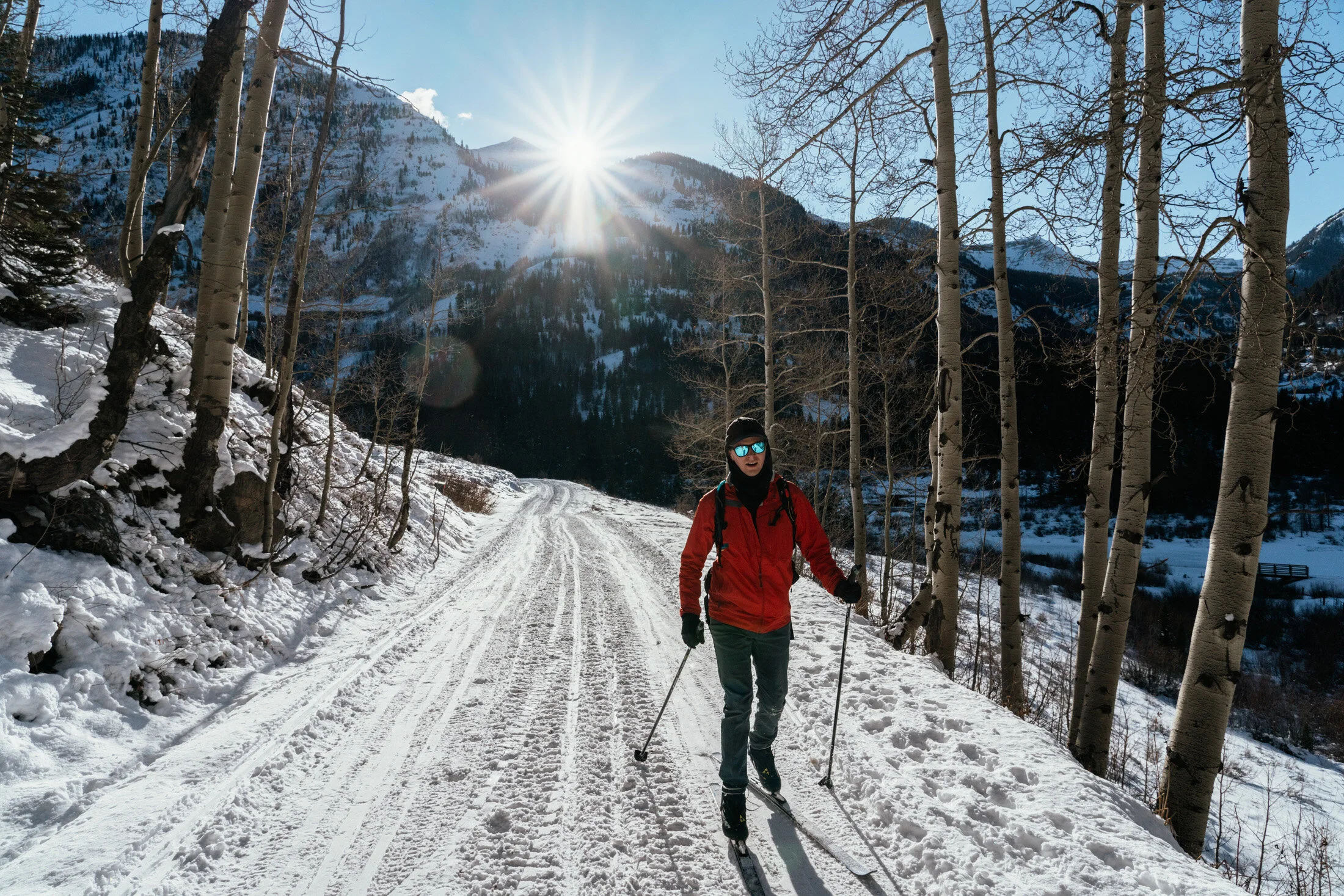 A person cross-country skiing on a snowy trail in a mountainous forest with leafless trees, bright sunlight, and snow-covered peaks in the background.