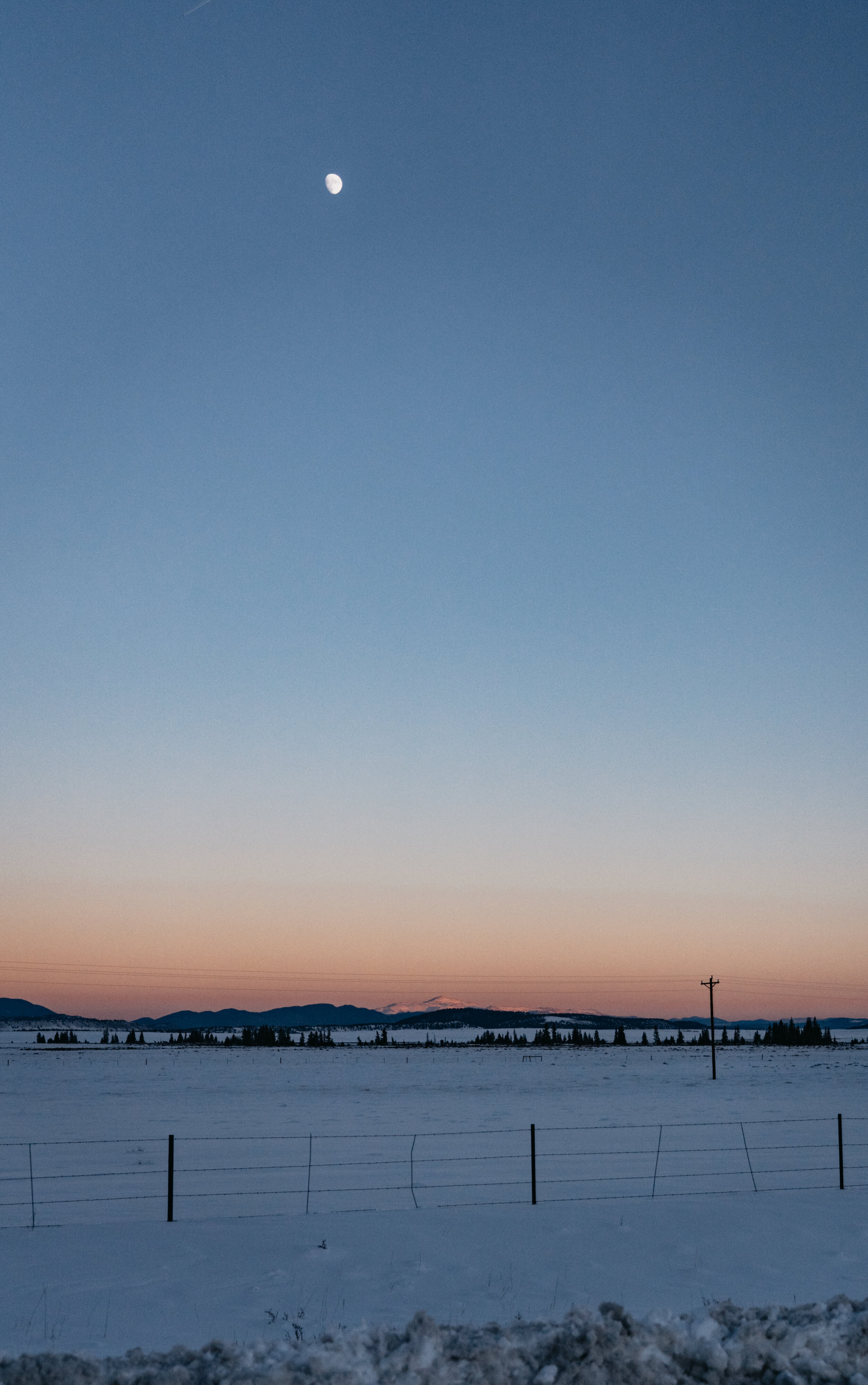 Snow-covered landscape at dusk with a clear sky, visible moon, distant mountains, and a telephone pole.