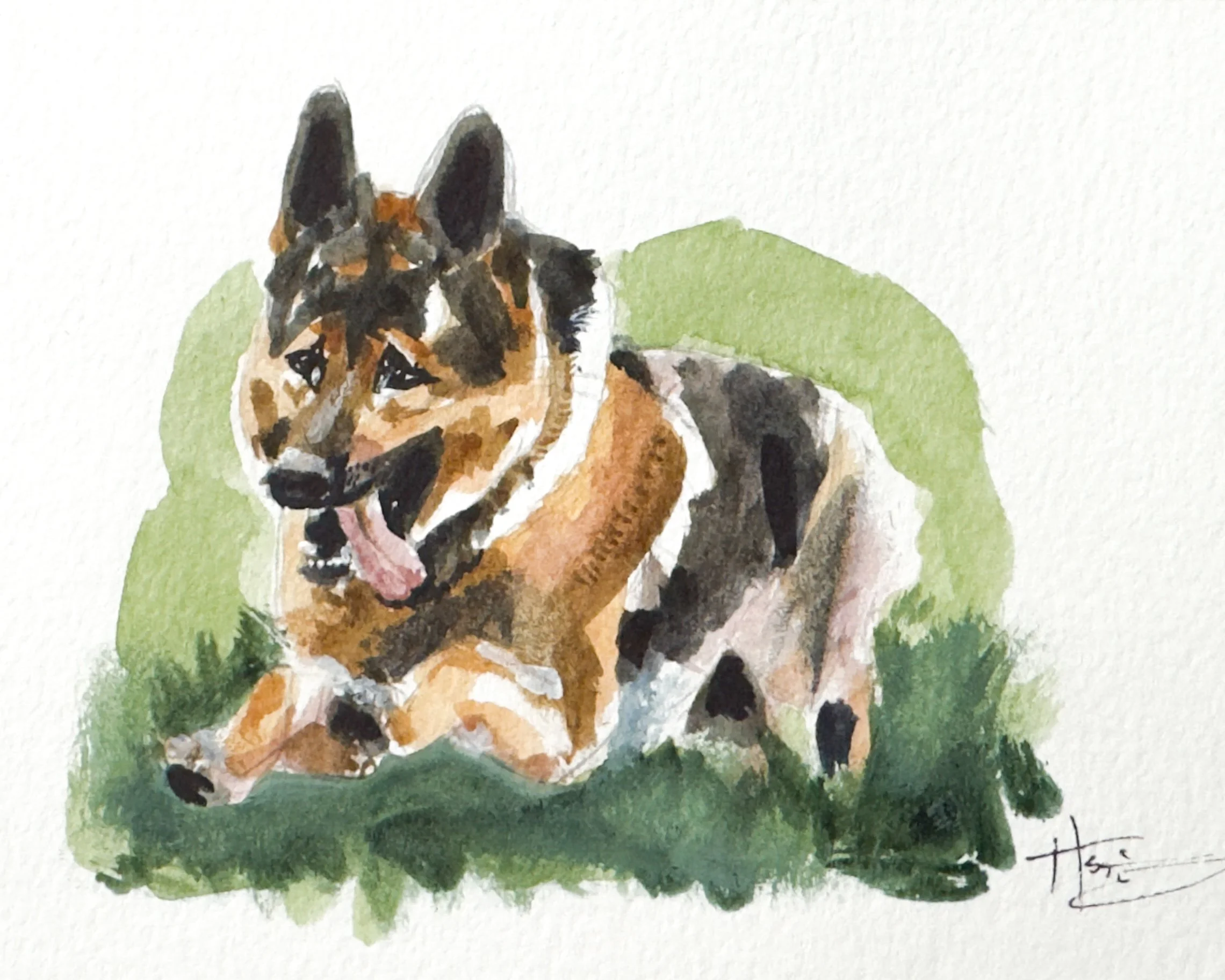 Watercolor painting of a Black and tan dog lying on green grass with a green background.