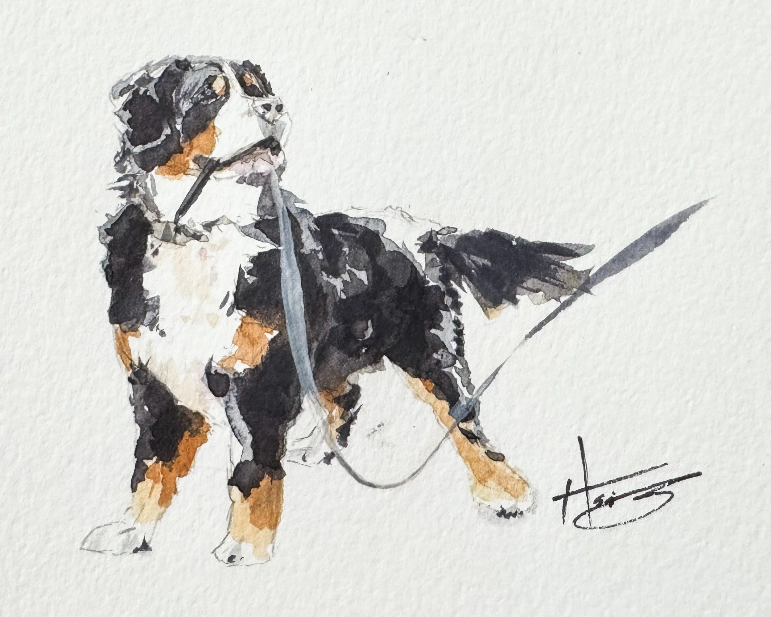 Watercolor painting of a dog with a bow tie, holding a sword in its mouth, signed with an artist's signature.