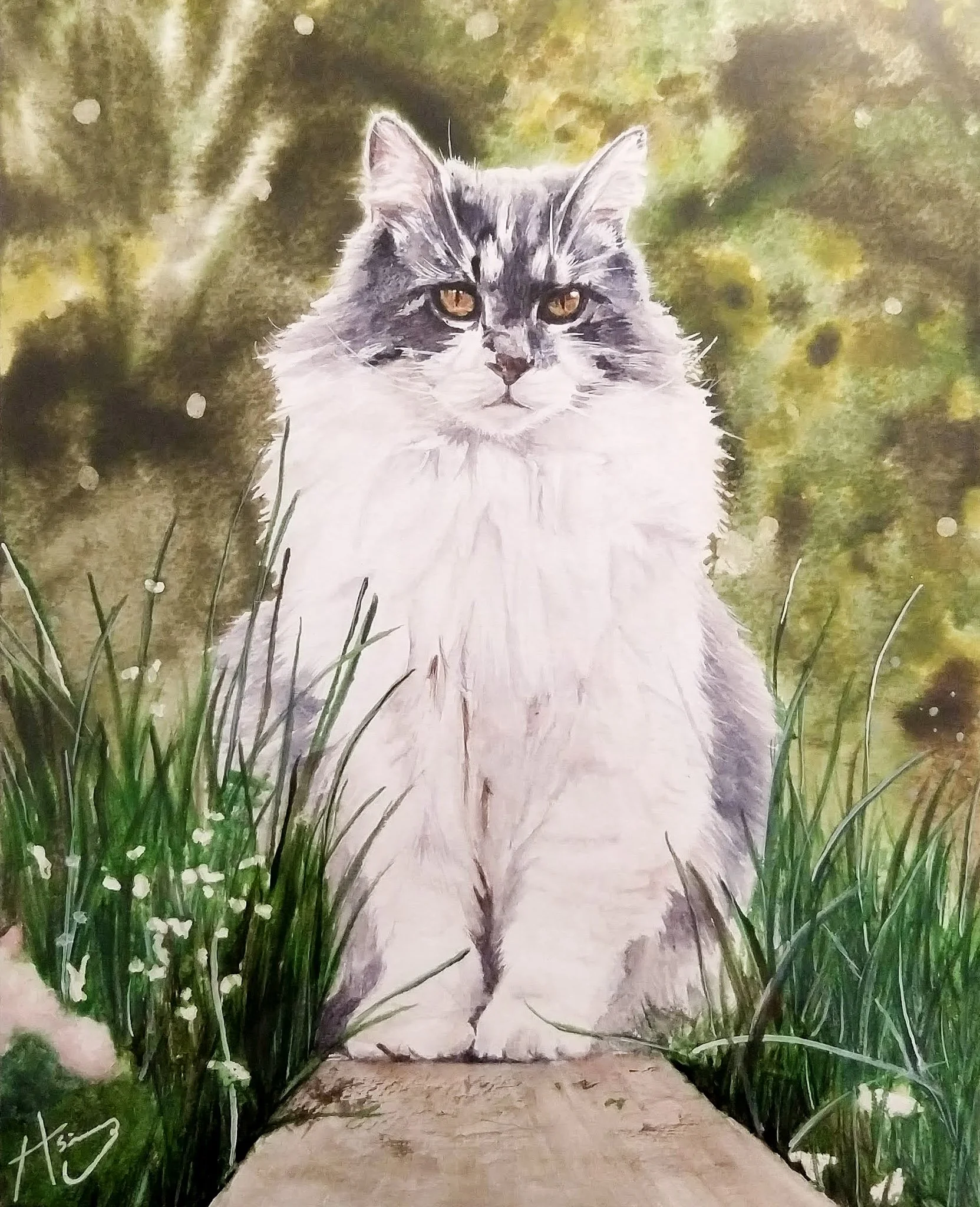 Painting of a long-haired gray and white cat sitting on a wooden pathway surrounded by green grass and wildflowers, with a blurred natural background.
