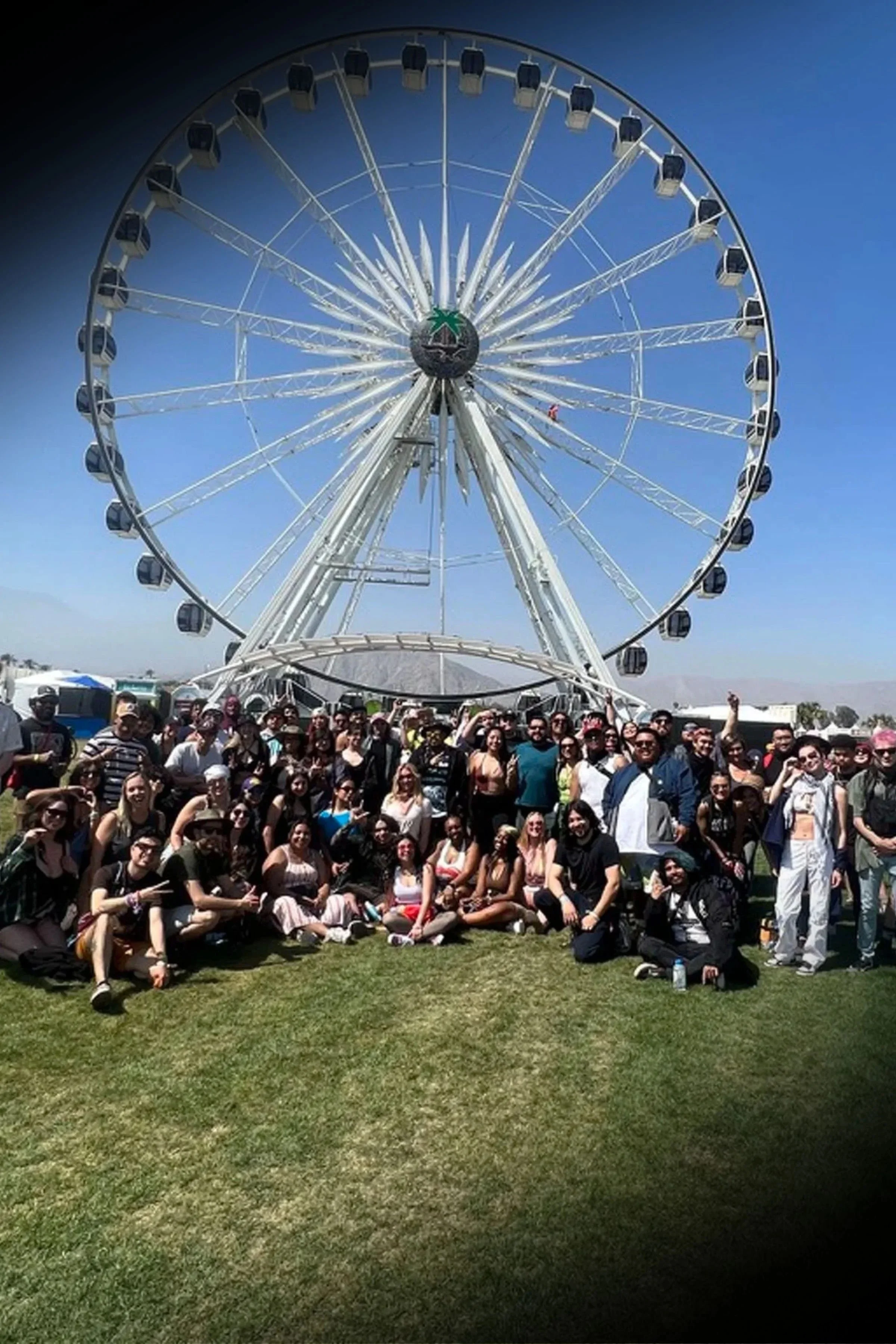 A large group of people posing on grass in front of a Ferris wheel at an outdoor event on a sunny day.