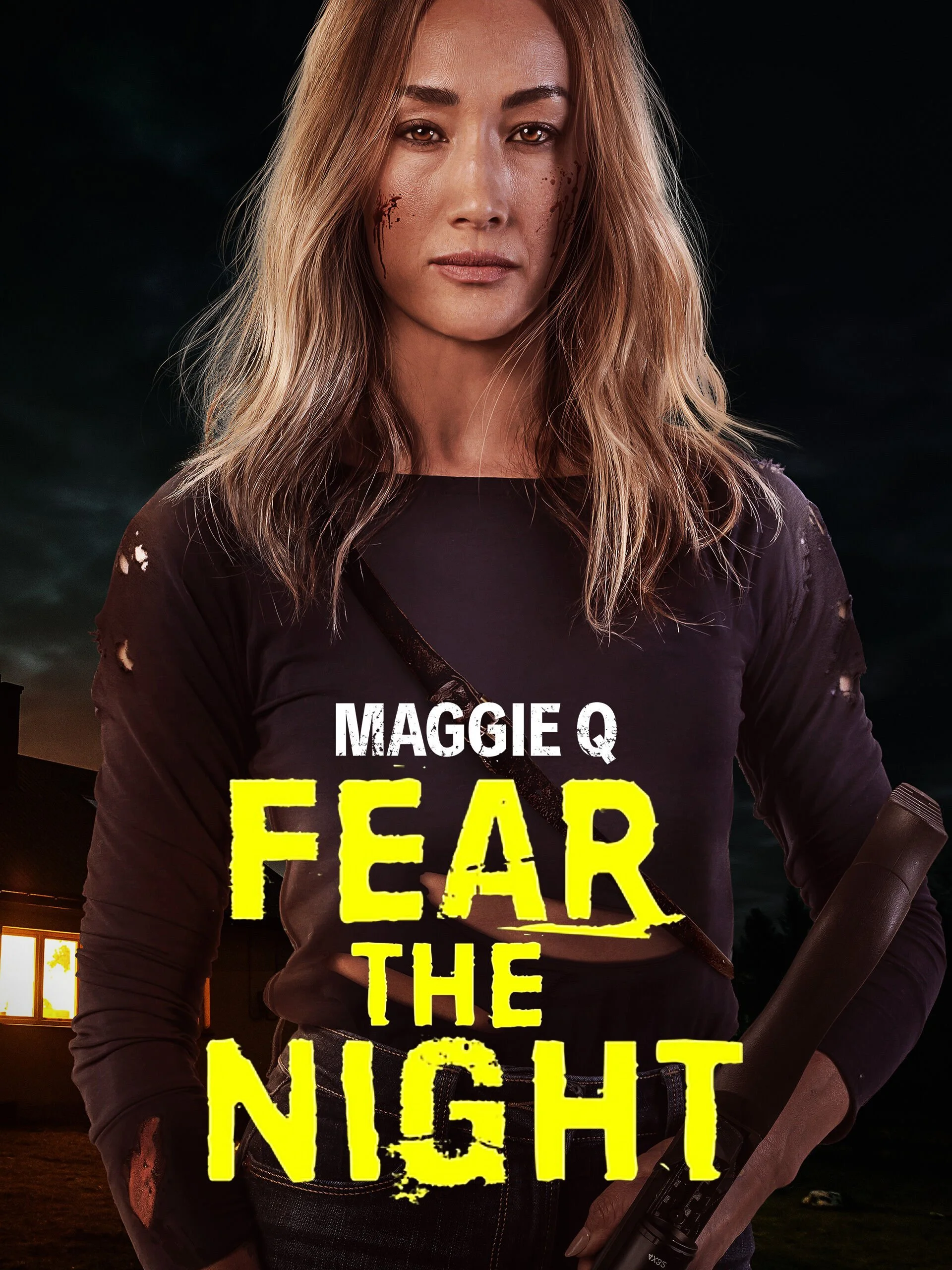 Woman with long, wavy hair and distressed black shirt holding a flashlight standing outdoors at night.