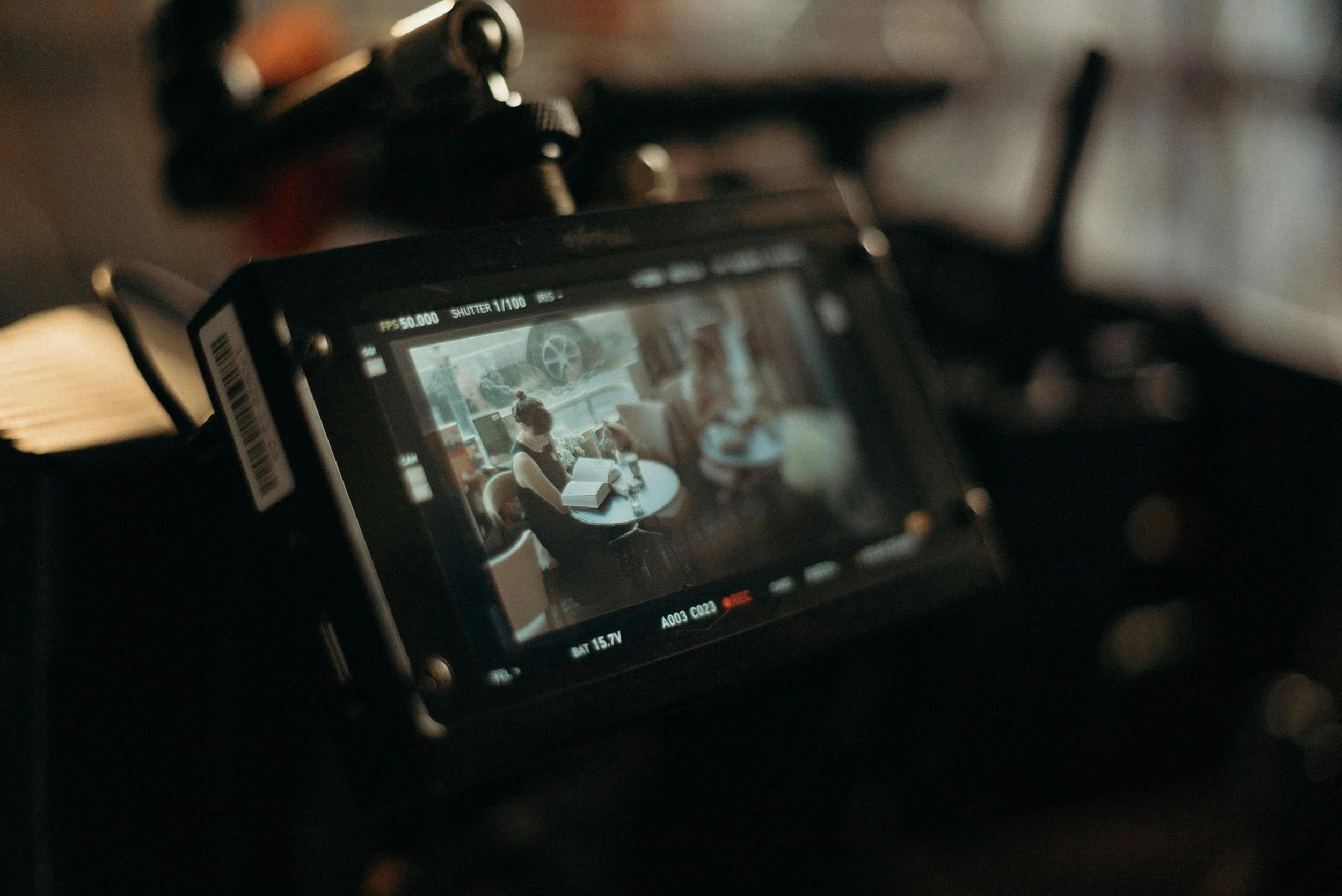 Camera viewfinder displaying a woman reading a book in a cozy indoor setting.