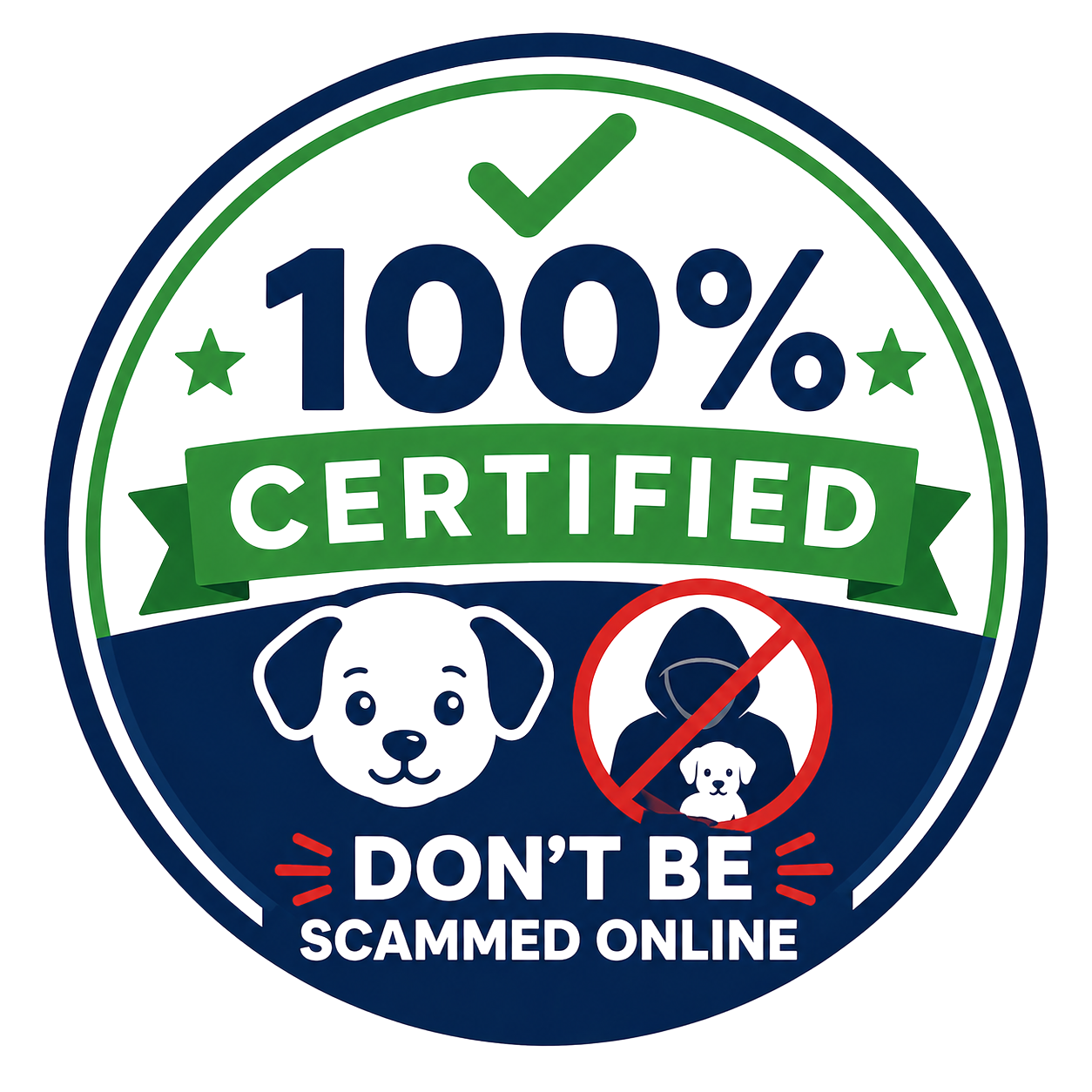Badge with green and blue colors displaying '100% Certified'. It features a dog icon, a red prohibition sign over a dog with a spoon, and the phrase 'Don't Be Scammed Online' at the bottom.