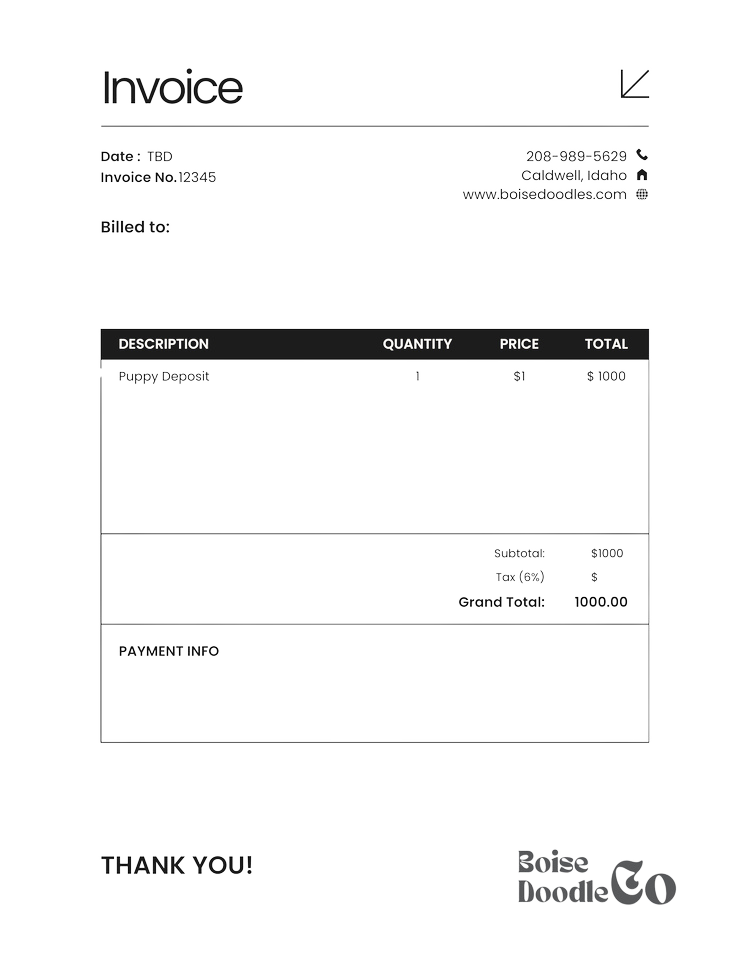 A printed invoice from Boise Doodle Co. showing details of a purchase, including a single item with quantity, price, and total cost, and a grand total of $10,000.00, along with thank you message at the bottom.