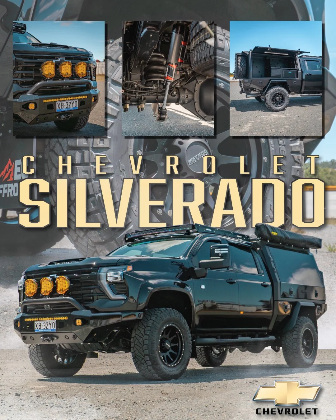 A Chevrolet Silverado off-road truck with additional lighting, rugged tires, and a camper shell, displayed in a promotional collage.