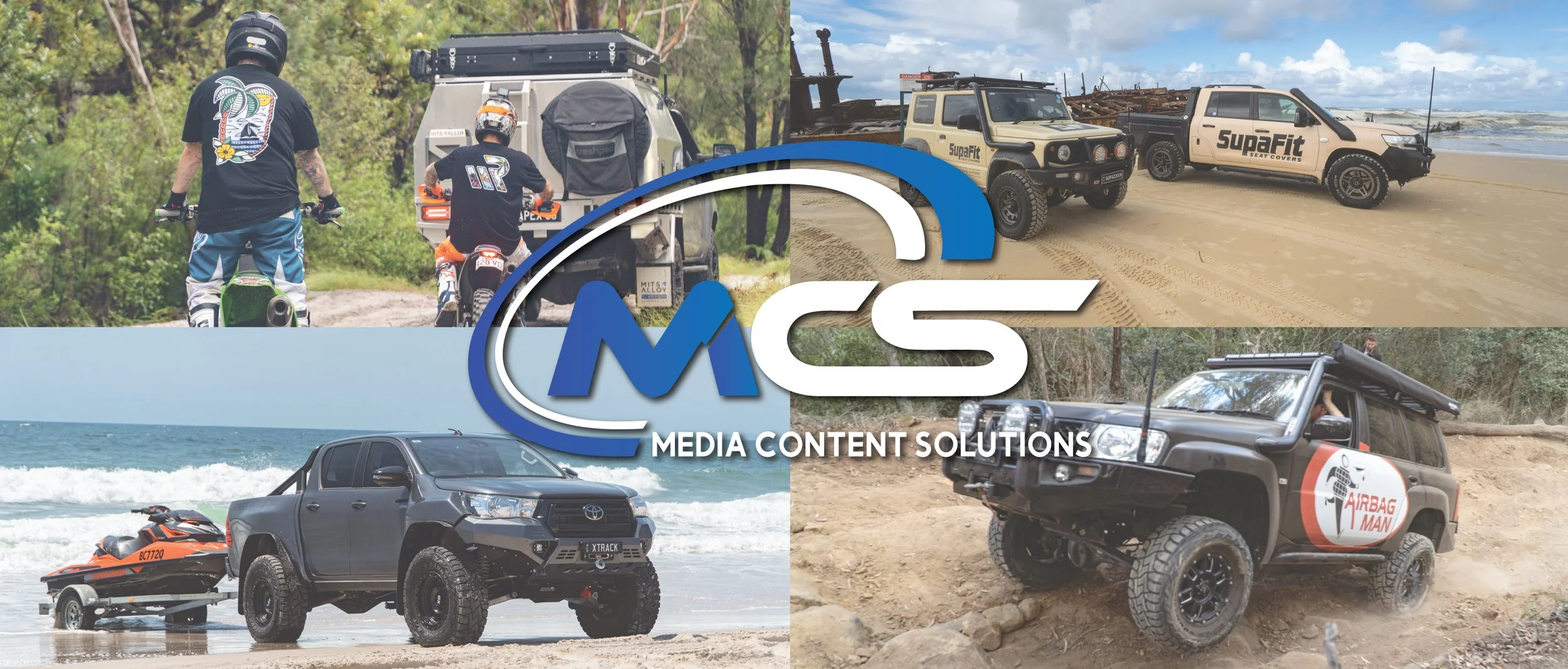 Collage of outdoor adventure vehicles and activities, including off-road cars, motorcycles, boats, and beach scenes, with MEDIA CONTENT SOLUTIONS logo in the center.