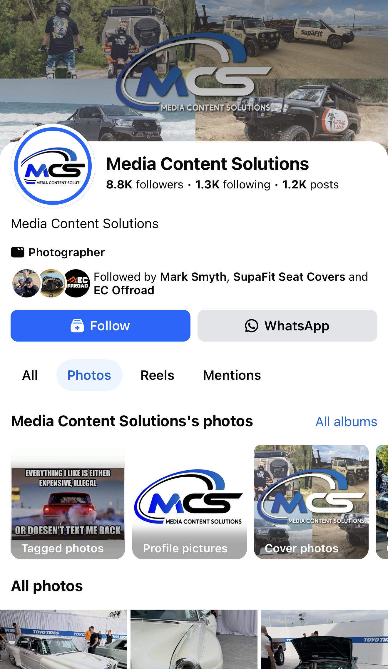 Screenshot of a Facebook profile page for Media Content Solutions, showing the profile picture with the company's logo, cover photos featuring off-road vehicles on beaches and sand dunes, and a section of photos including cars and event scenes.