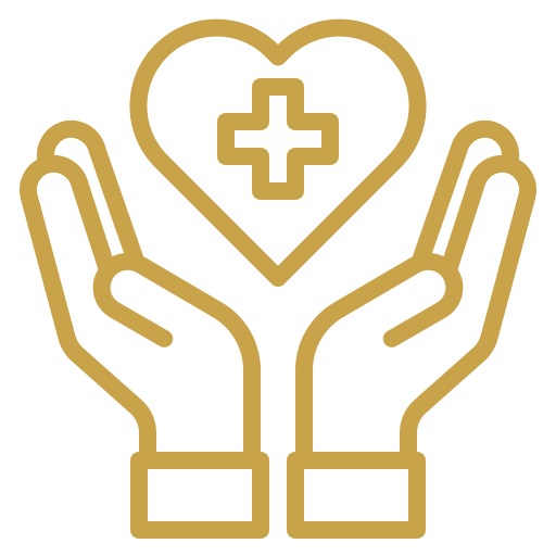 Outline of two hands holding a heart with a medical cross inside.