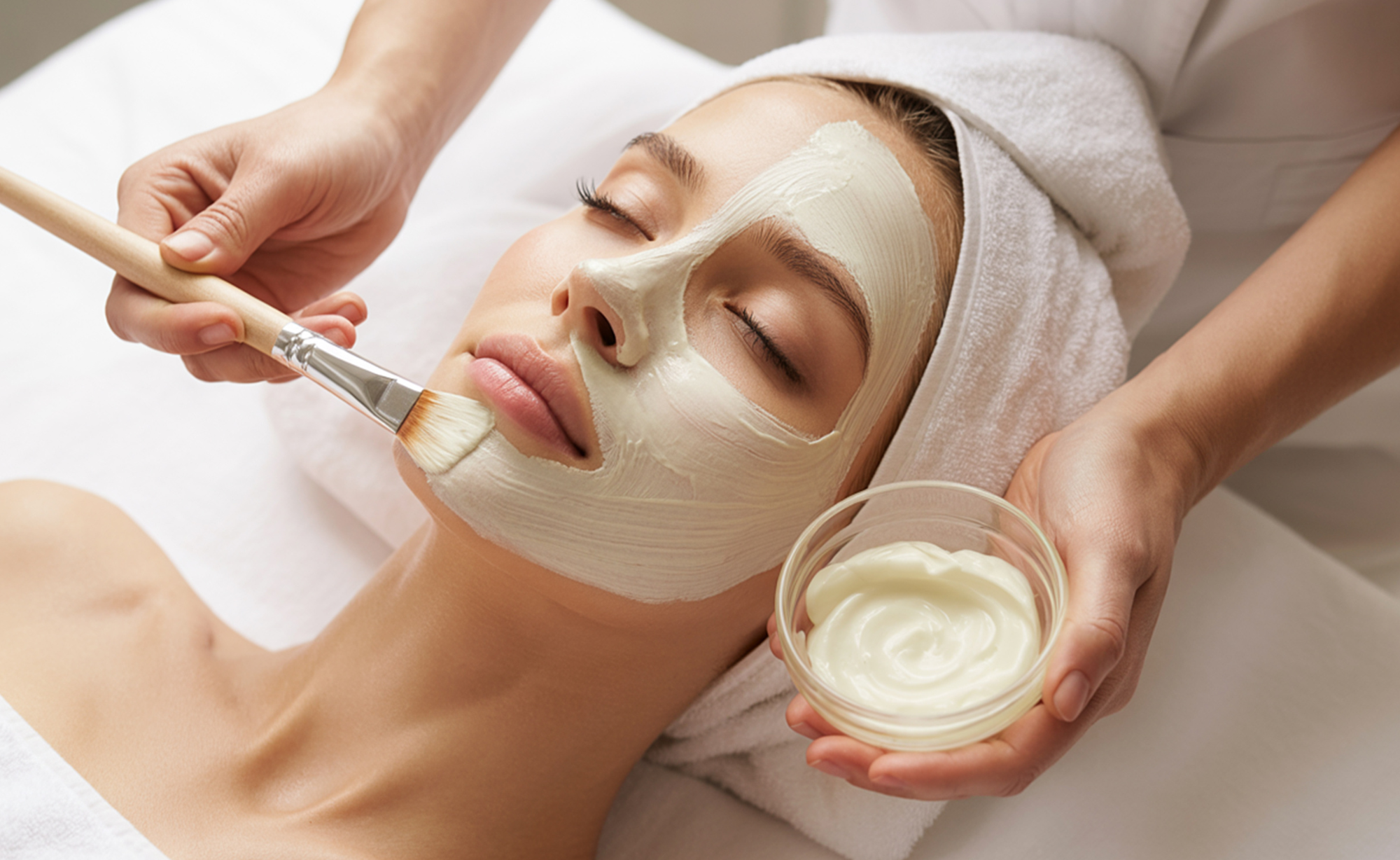 A woman receiving a facial treatment, with a mask being applied to her face by a spa professional, who also holds a bowl of cream.