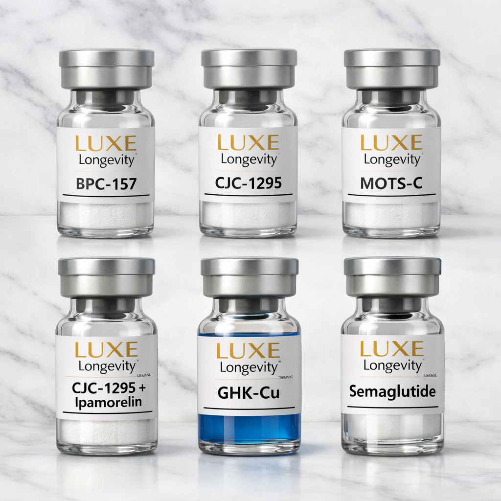 Six glass vials with metal caps labeled with various compounds and brand name 'LUXE Longevity' on a marble surface.