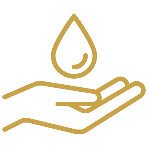 Outline of a hand holding a water droplet, in a gold color.
