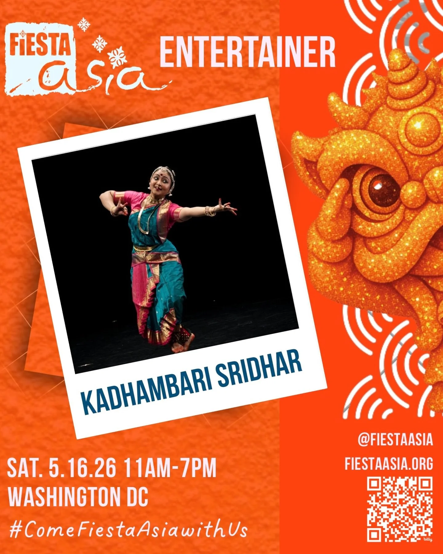 For AAPI Heritage Month I am excited to bring Bharatanatyam to Fiesta Asia Street Fair happening on Saturday, May 16th. I&rsquo;ll be performing between 2-3PM on the Central Stage at Pennsylvania Ave NW and 4th ST. 
Free and open to all &mdash; hope 