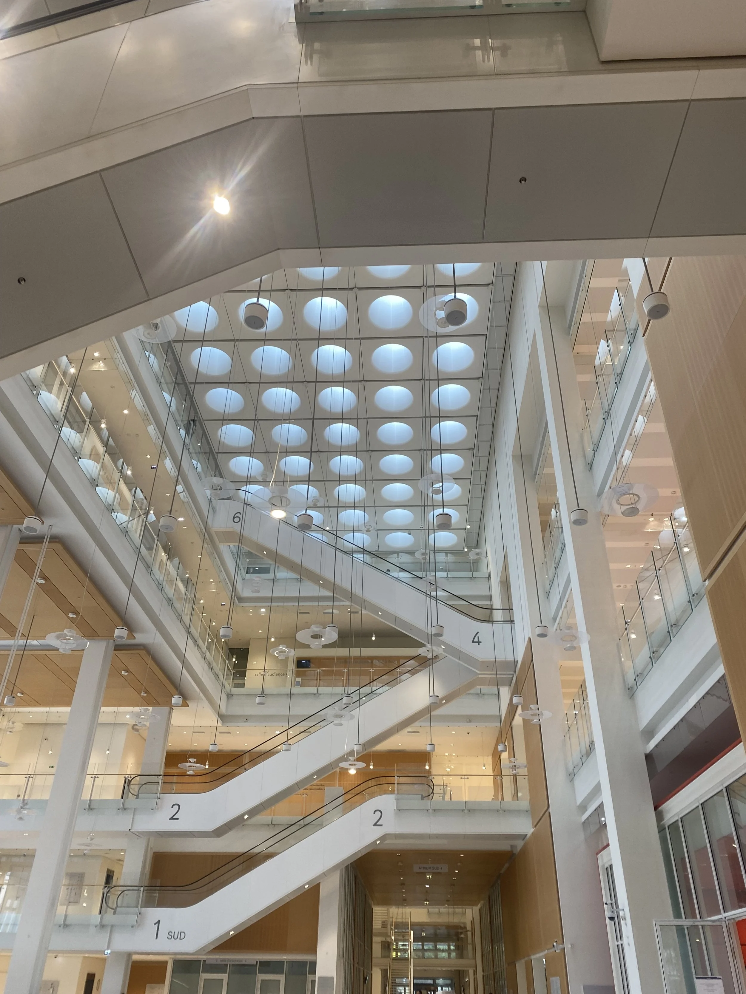 Intérieur d'un centre commercial moderne avec plusieurs étages, escaliers, balustrades en verre et plafonds avec des lumières et des dômes lumineux.