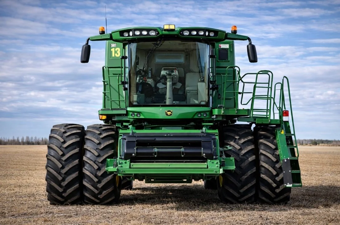 A large green John Deere combine harvester on a farm field with a cloudy sky in the background.