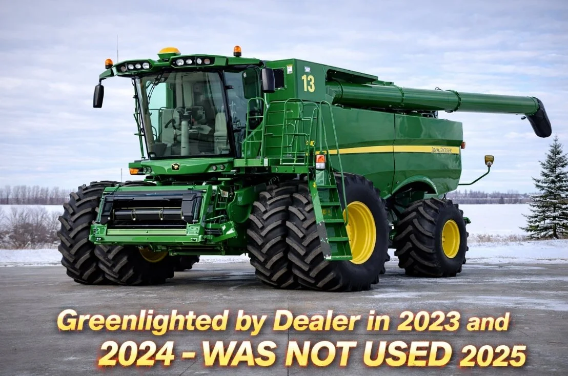 Green John Deere combine harvester in a snowy field with text indicating it was greenlit by dealer in 2023 and 2024, not used in 2025.