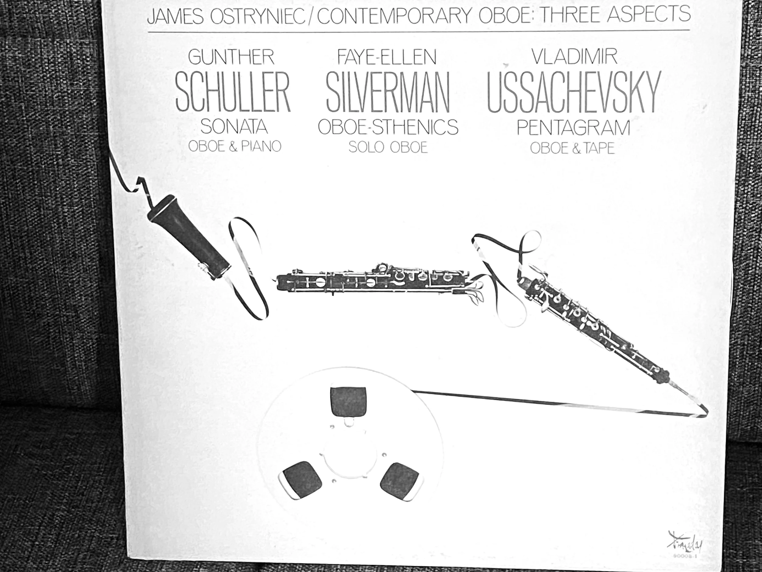 Sheet music cover for a contemporary oboe trio by James Ostryniec, featuring three aspects: Gunther Schuller for sonata, Faye-Ellen Silverman for solo oboe, and Vladimir Ussachevsky for pentagram, with illustrations of a needle and a string connecting the oboe and the sheet music.