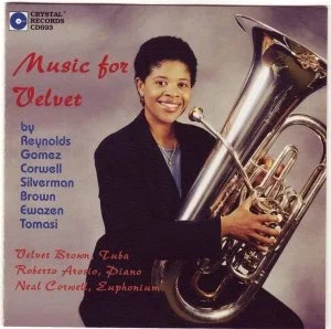 Album cover titled 'Music for Velvet' featuring a young boy holding a large tuba, with the list of musicians and instruments.
