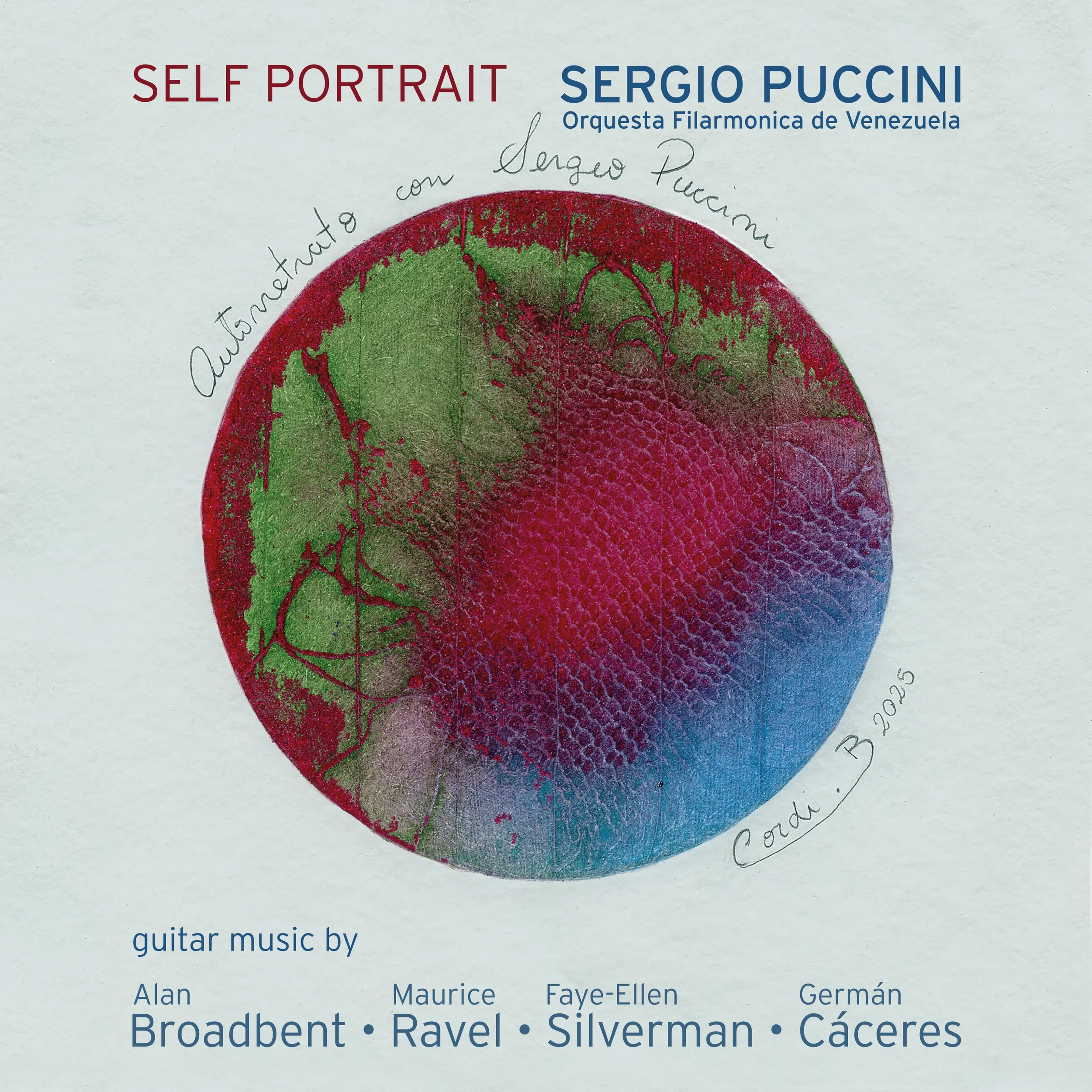 Cover of a music album featuring a painted portrait of a fruit, with text indicating it includes guitar music by various composers and conductors, including Sergio Puccini and others, with handwritten notes.