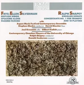 A concert program cover featuring classical music performers and composers, including Faye Ellen Silverman, Ralph Shapey, and others, with a textured brown and tan graphic design.