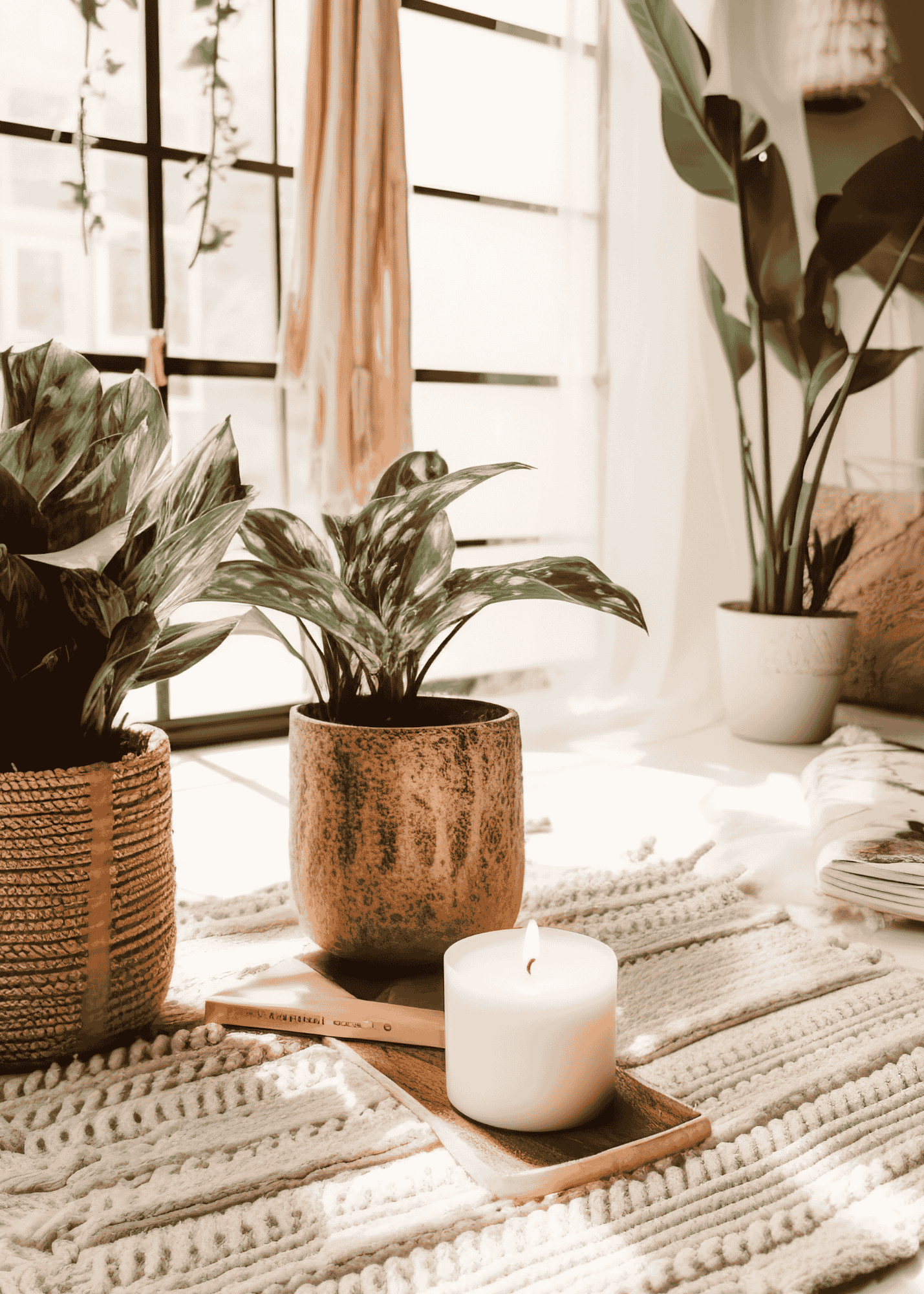 Sunlit indoor space with potted houseplants on a textured white rug, with a lit candle on a wooden tray, a woven basket, magazines, and a cozy blanket.