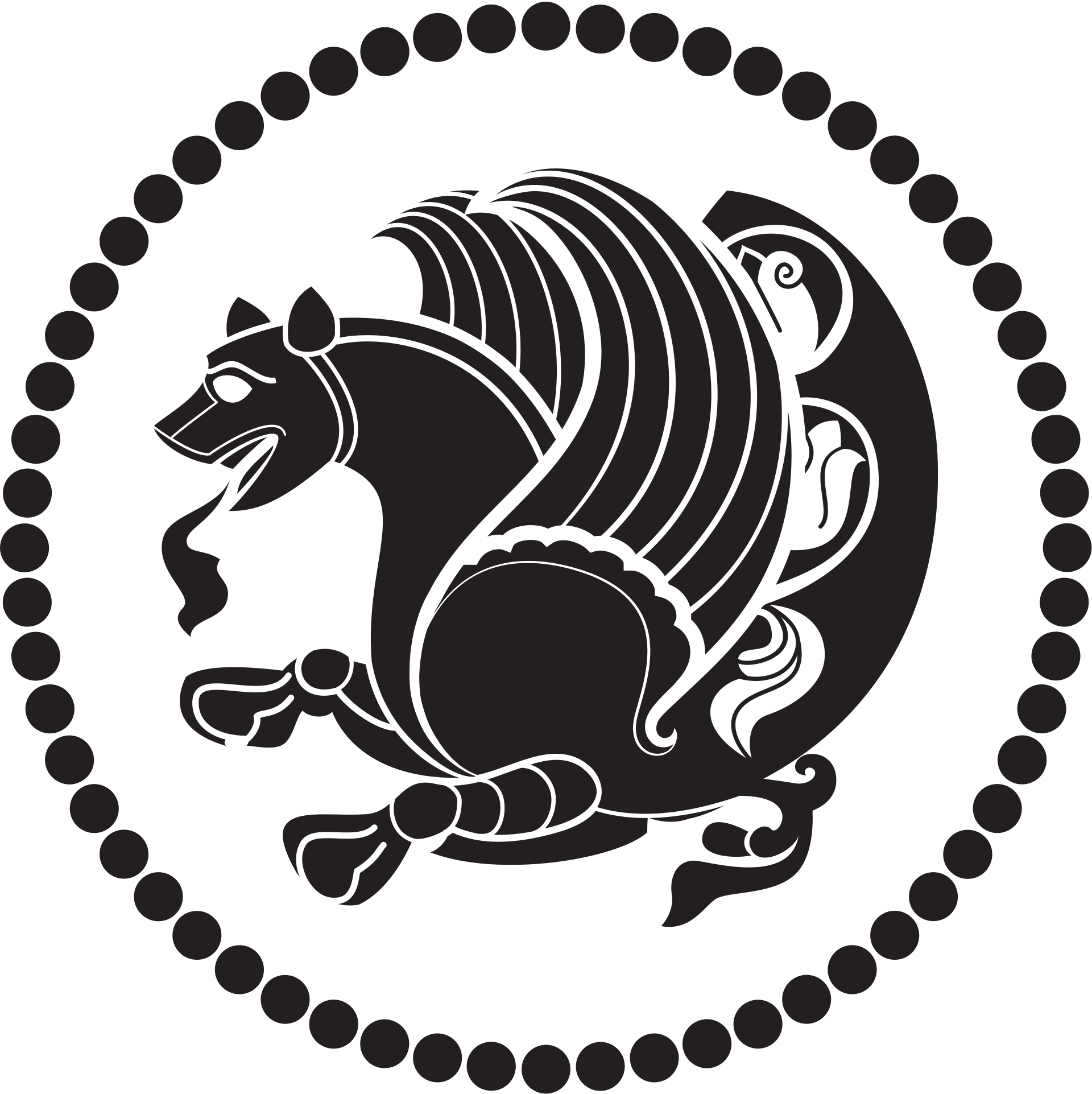 Stylized black silhouette of a lion's head with a flowing mane, surrounded by a circular dotted border.