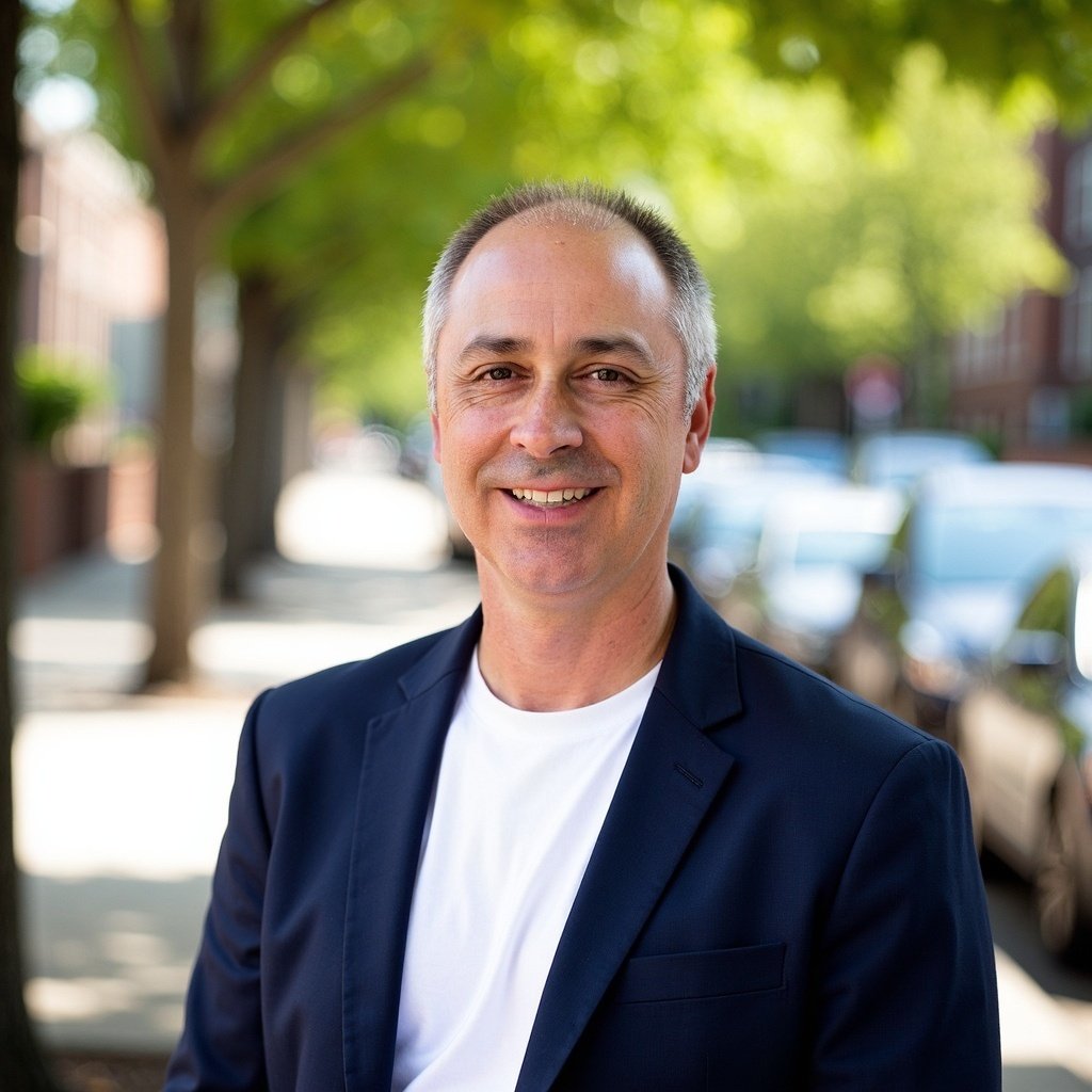 A middle-aged man with short hair, wearing a navy blazer and white t-shirt, smiling outdoors on a tree-lined street with parked cars in the background.
