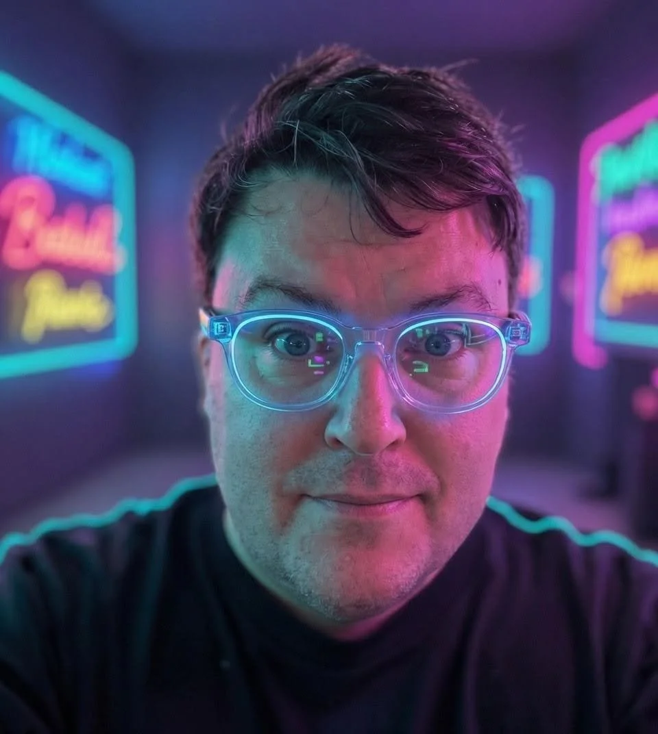 A person with glasses, smiling in front of neon signs with colorful lighting.