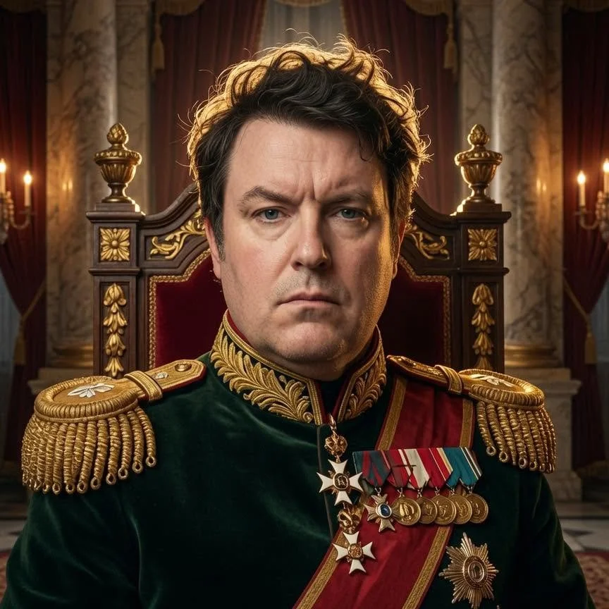 A man dressed in a decorated military uniform sitting on a throne, with medals and decorations on his chest, in a grand room with red curtains and ornate lighting.