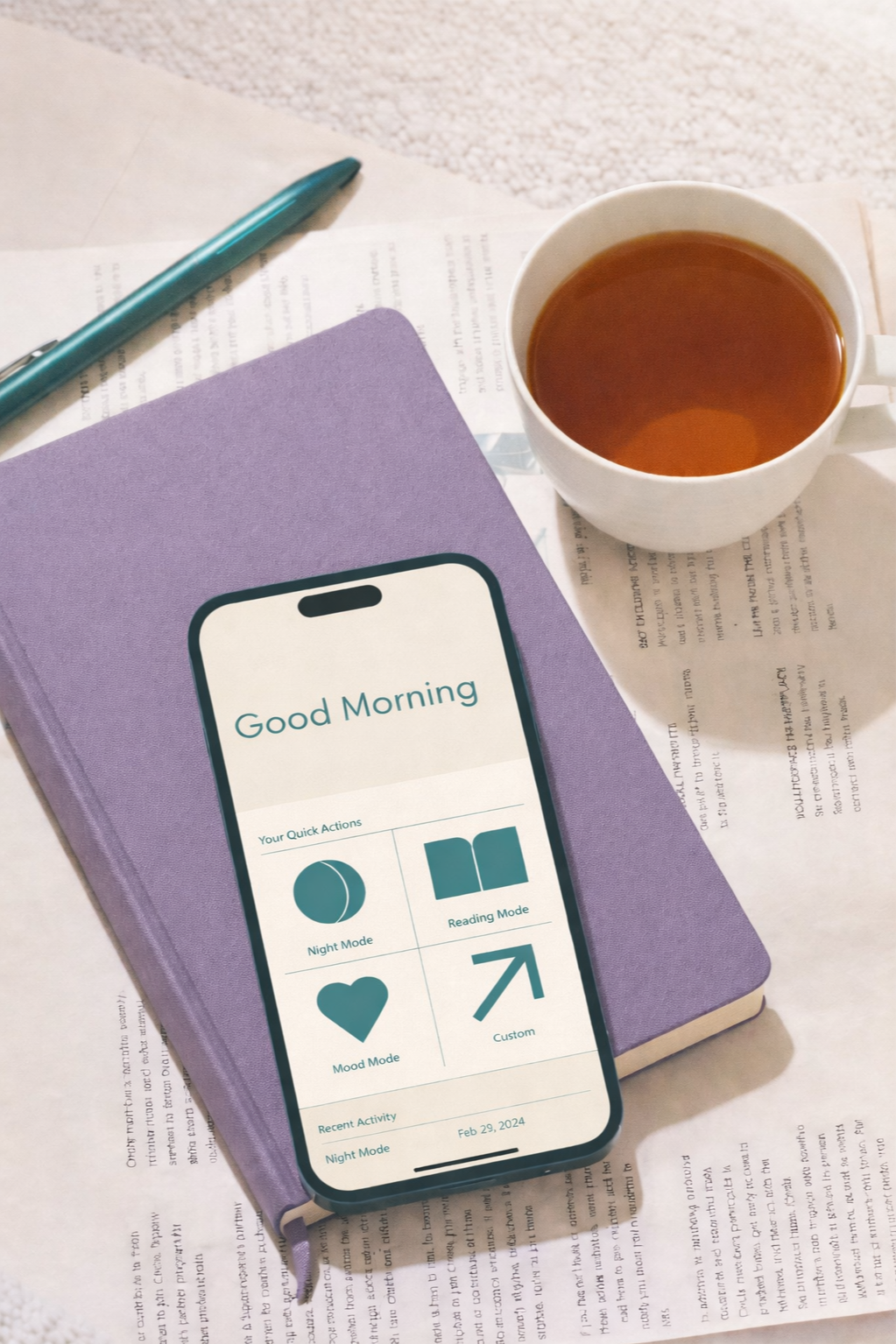 A cup of tea, a purple notebook, a pen, a smartphone displaying a morning greeting and app options, and some papers on a desk.