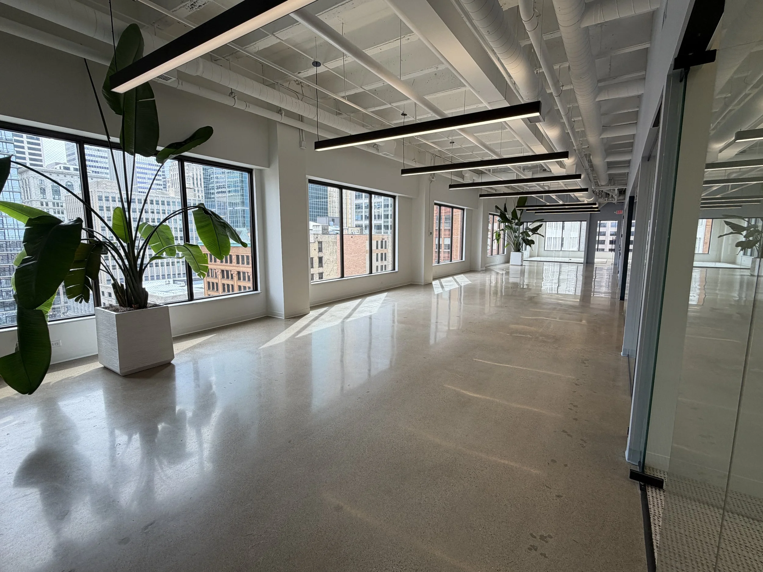 Interior of a cozy restaurant with wooden floors, white walls, and large windows. Several tables are occupied by customers, and warm lighting fixtures hang from the ceiling. A brick wall section is visible on the right.