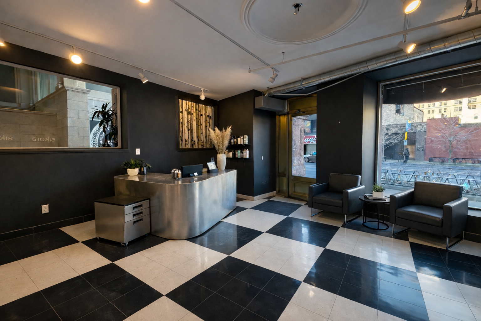 Modern lobby with black and white checkered floor, black walls, contemporary black chairs, a round black side table with a plant, a sleek reception desk with plants and office supplies, large window and glass door revealing cityscape outside, and track lighting on the ceiling.