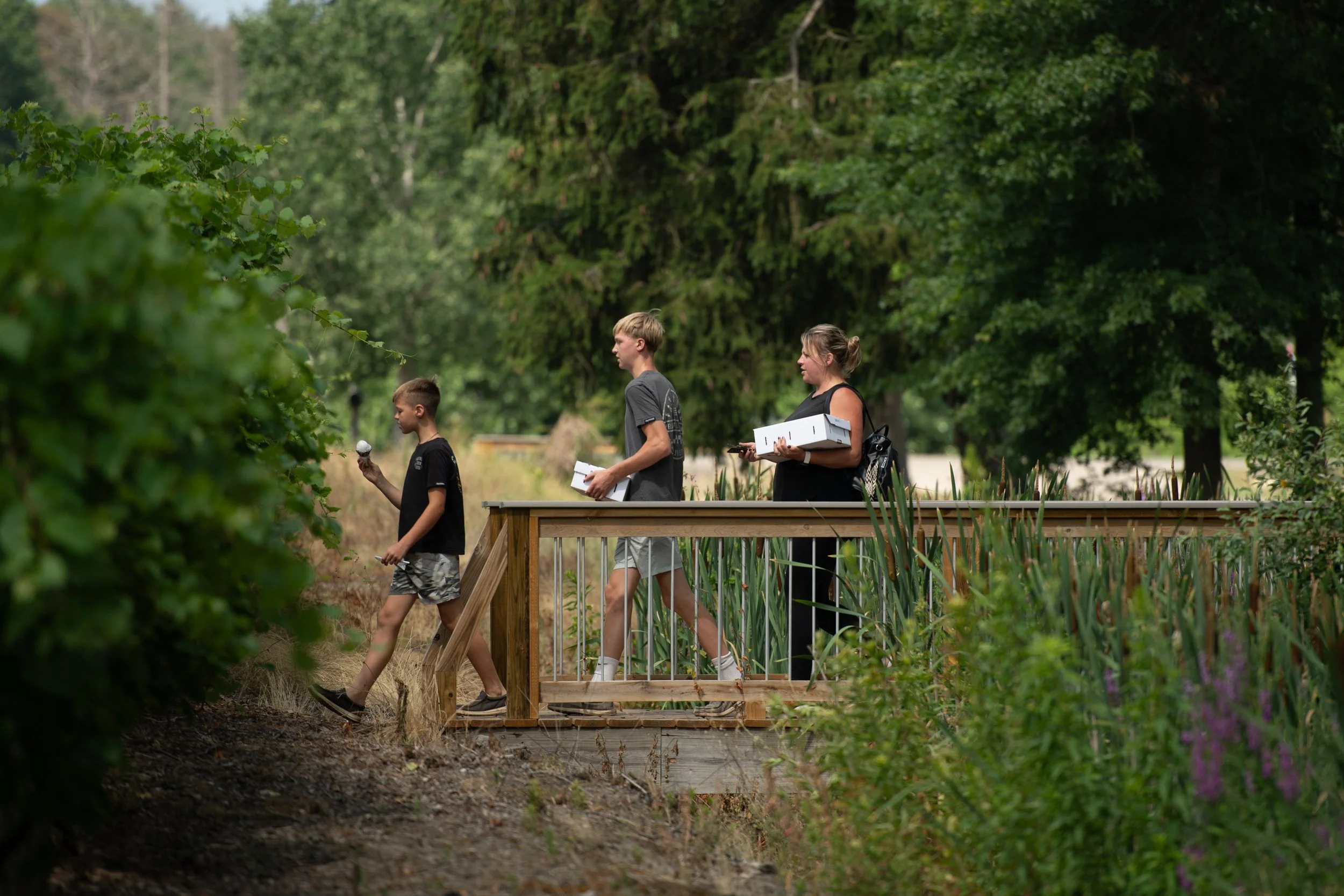 Three children walking on a wooden bridge surrounded by greenery in a park or garden.