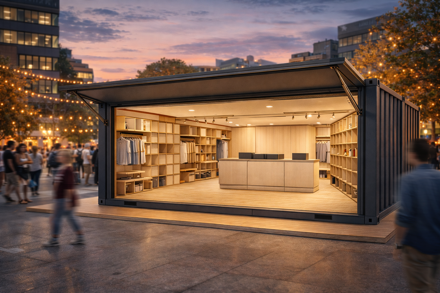 A small retail shop inside a shipping container, with clothing and accessories on shelves, illuminated with warm lighting at dusk in an urban area with people walking by.