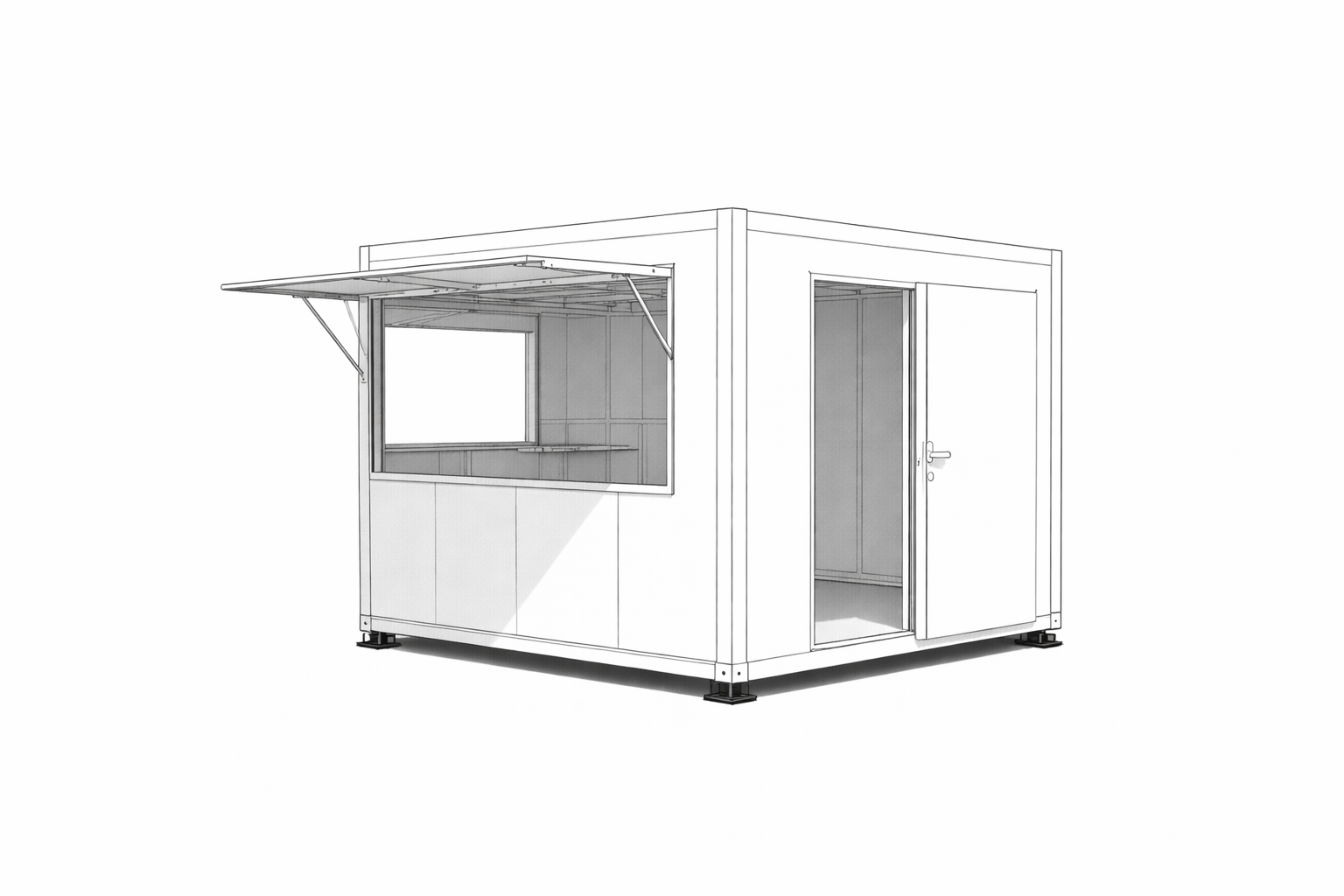 Sketch of a small modular food kiosk with a service window and a door, set on a flat base.
