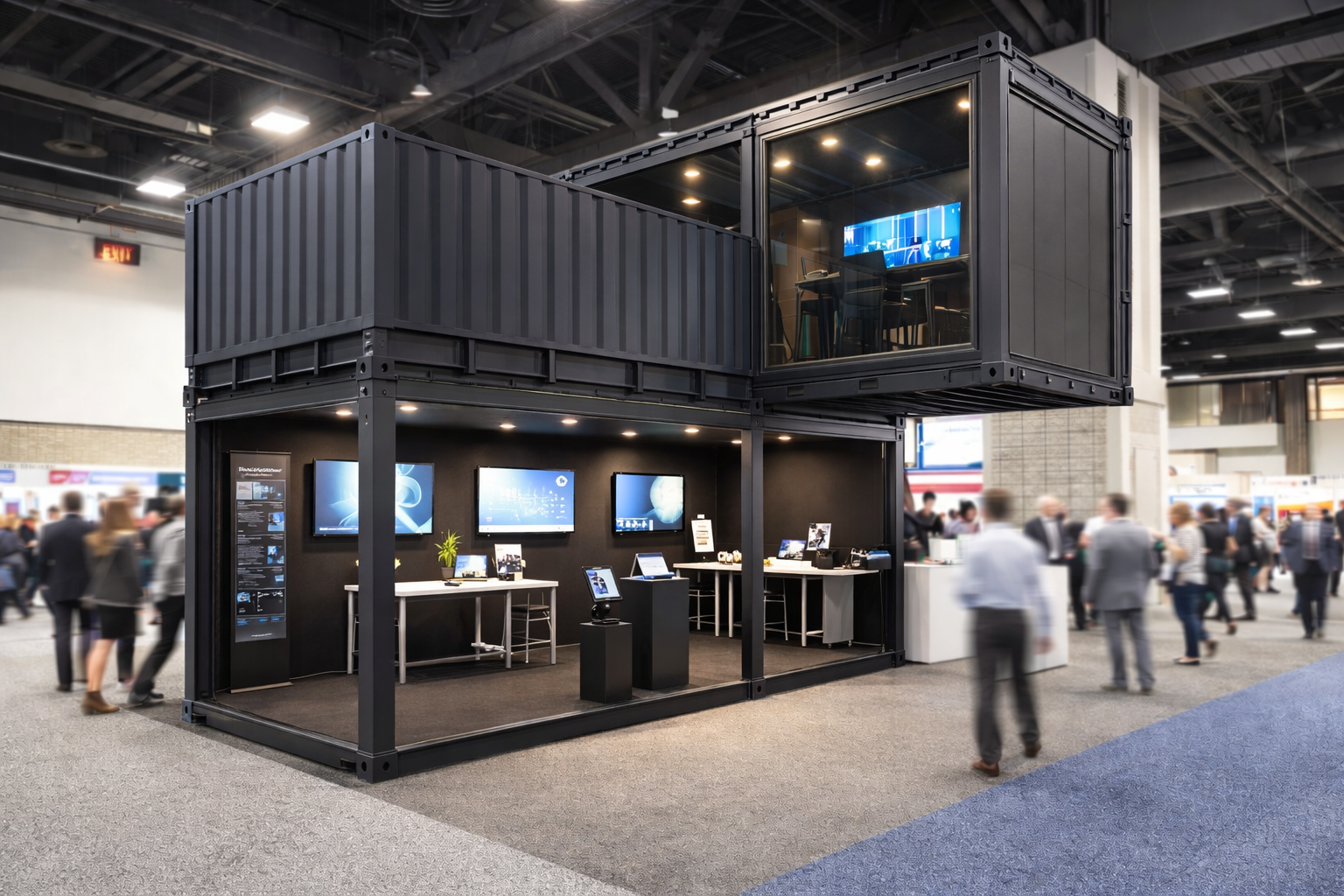 A trade show booth constructed from black shipping containers with two levels, featuring digital screens, tables, and chairs, set up in an exhibition hall with people walking around.