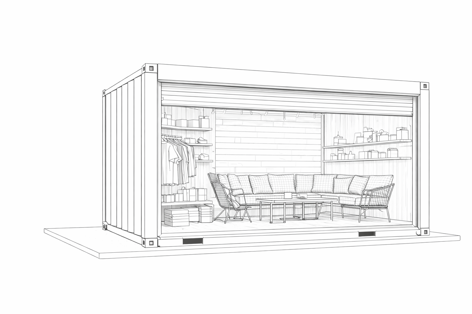 Line drawing of a cozy container home with an open side showing a living area, including a sectional sofa, chairs, and shelves with boxes and clothing.