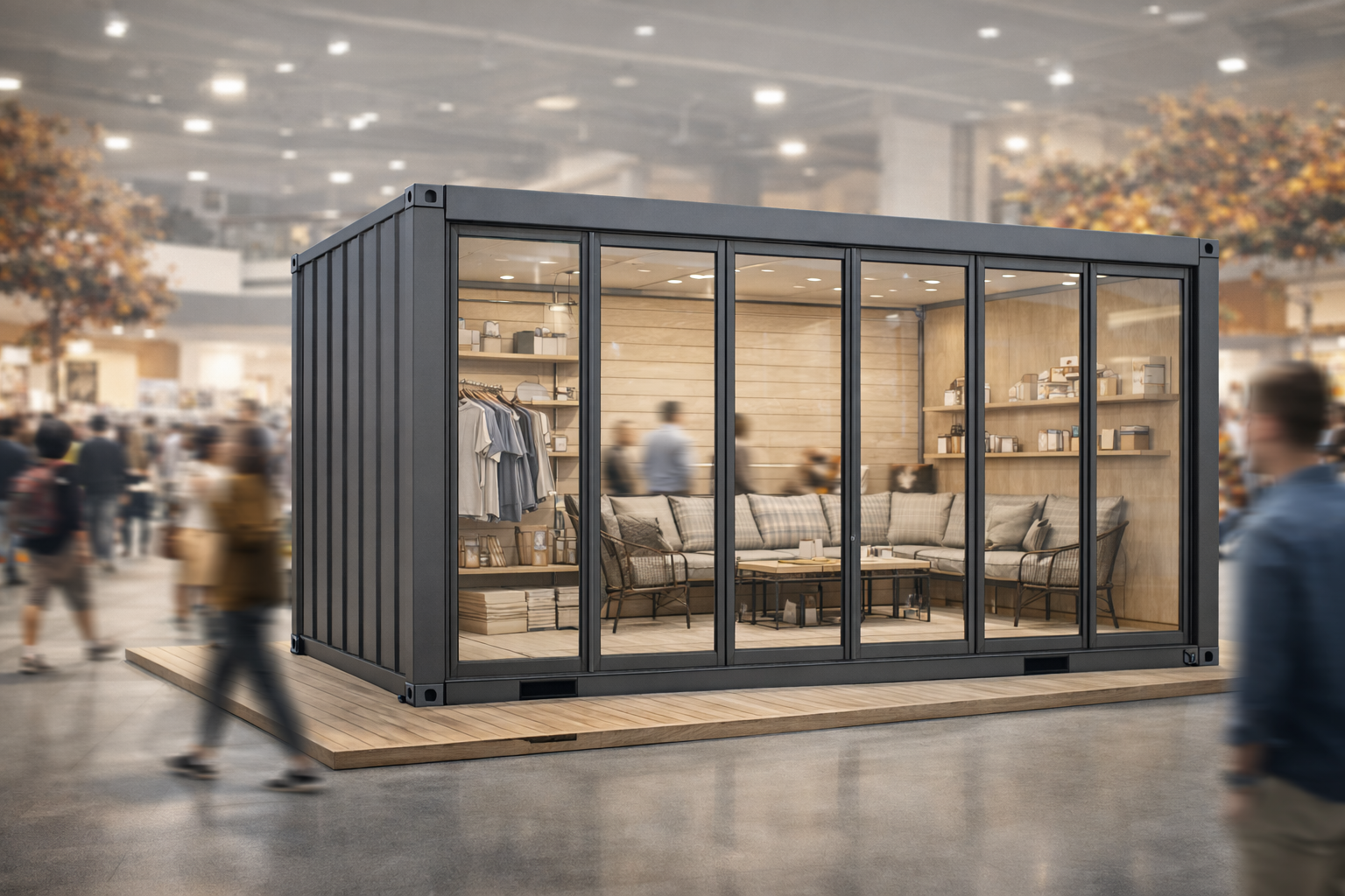 A retail store inside a repurposed shipping container with glass walls, displaying clothing and home goods, on a wooden platform in a busy shopping mall.